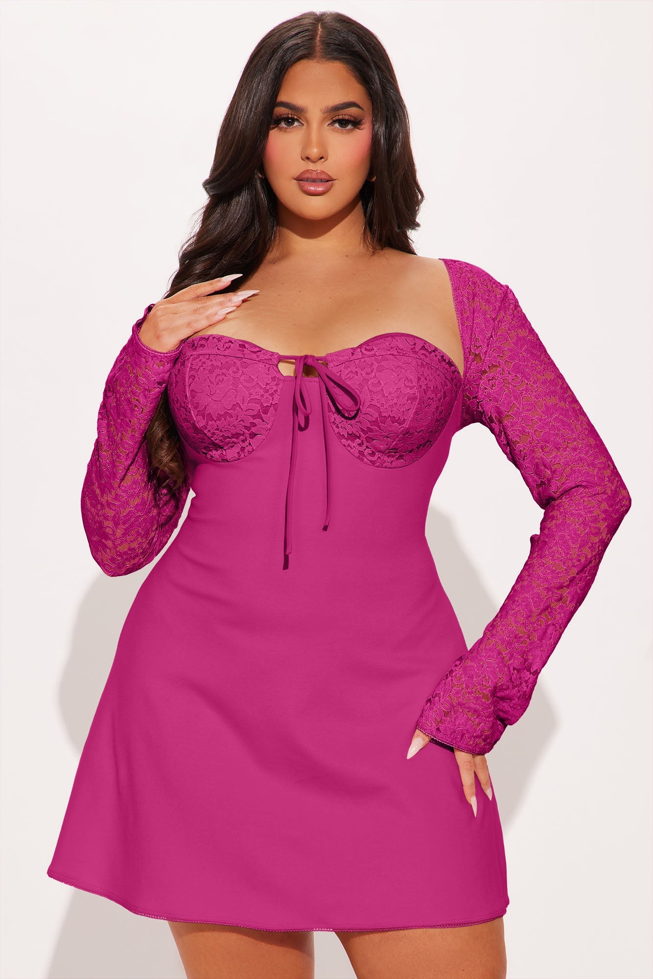 Emilina Long Sleeve Lace Mini Dress - Fuchsia