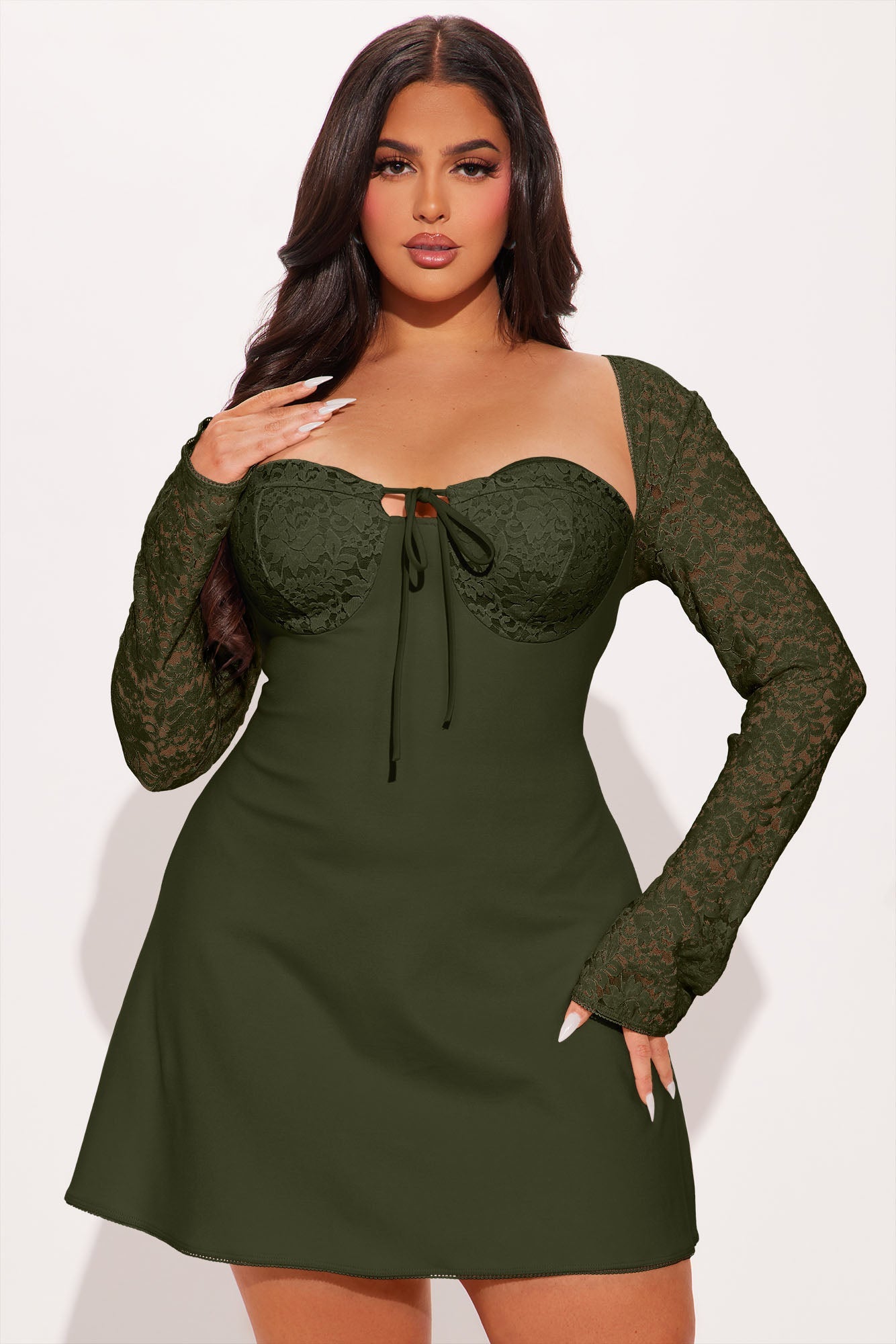 Emilina Long Sleeve Lace Mini Dress - Olive