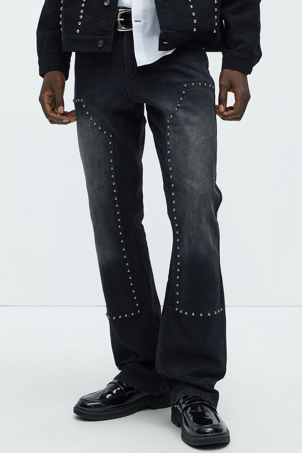Rivetting Studded Stacked Slim Flare Jeans - Black