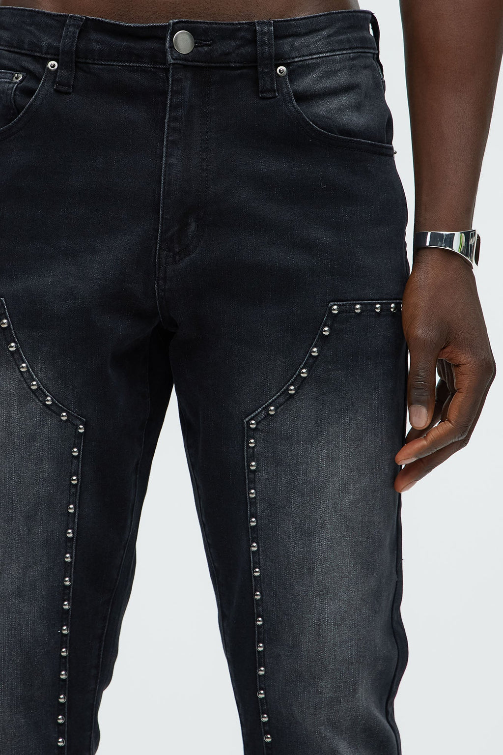 Rivetting Studded Stacked Slim Flare Jeans - Black