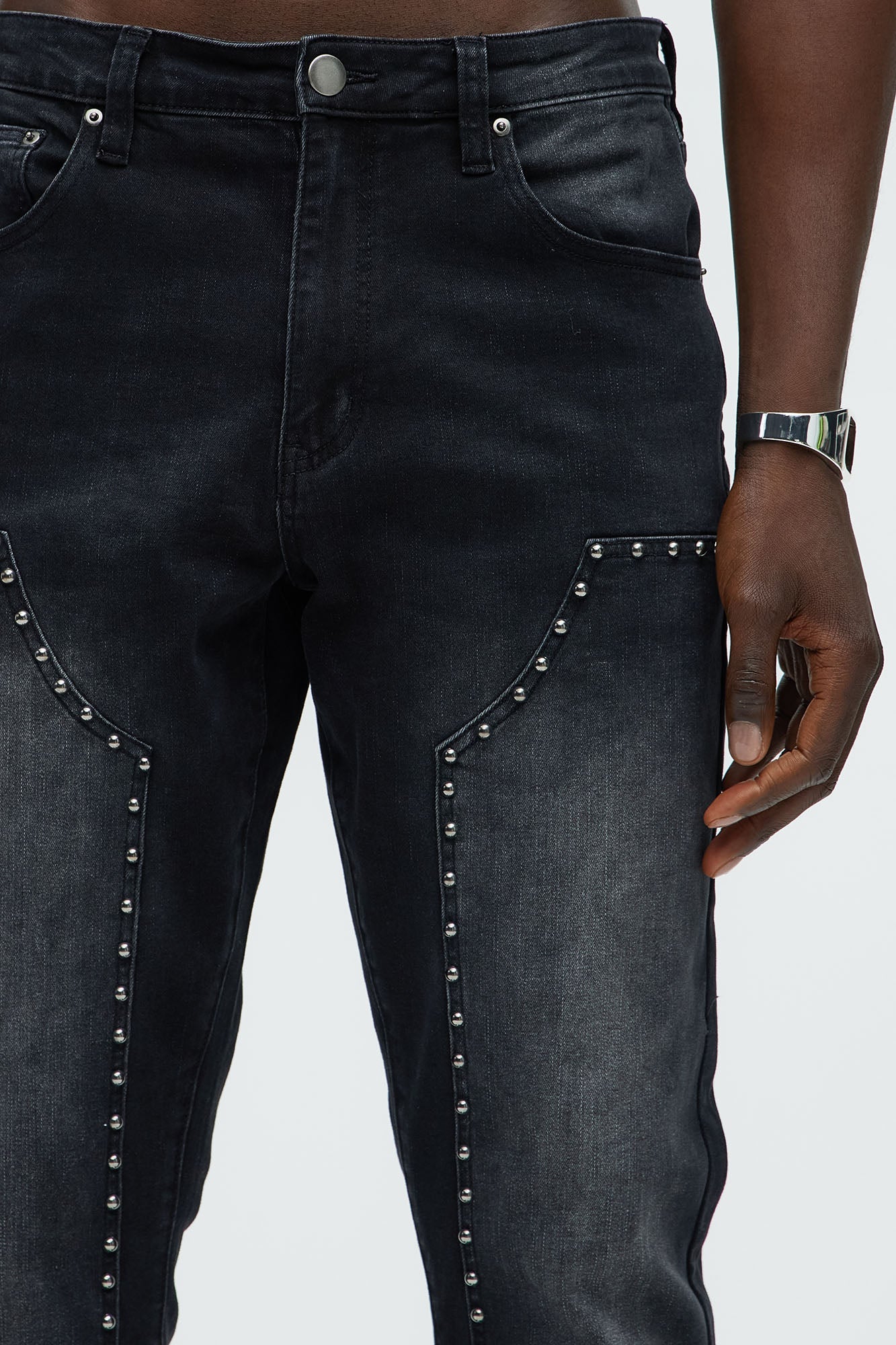 Rivetting Studded Stacked Slim Flare Jeans - Black