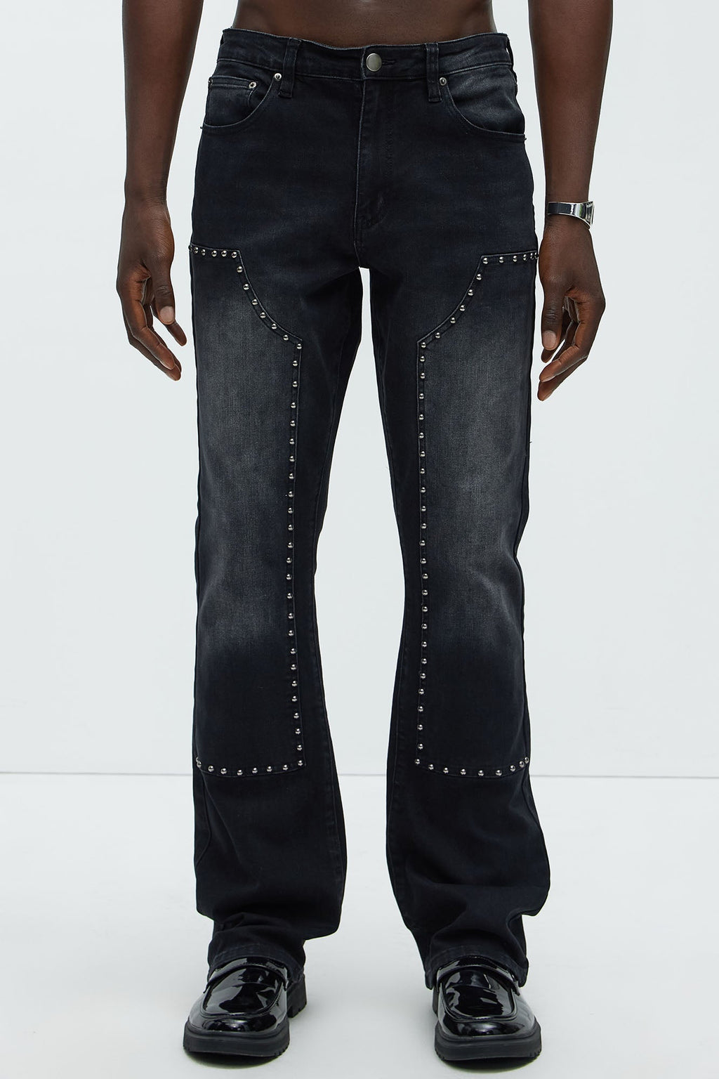 Rivetting Studded Stacked Slim Flare Jeans - Black