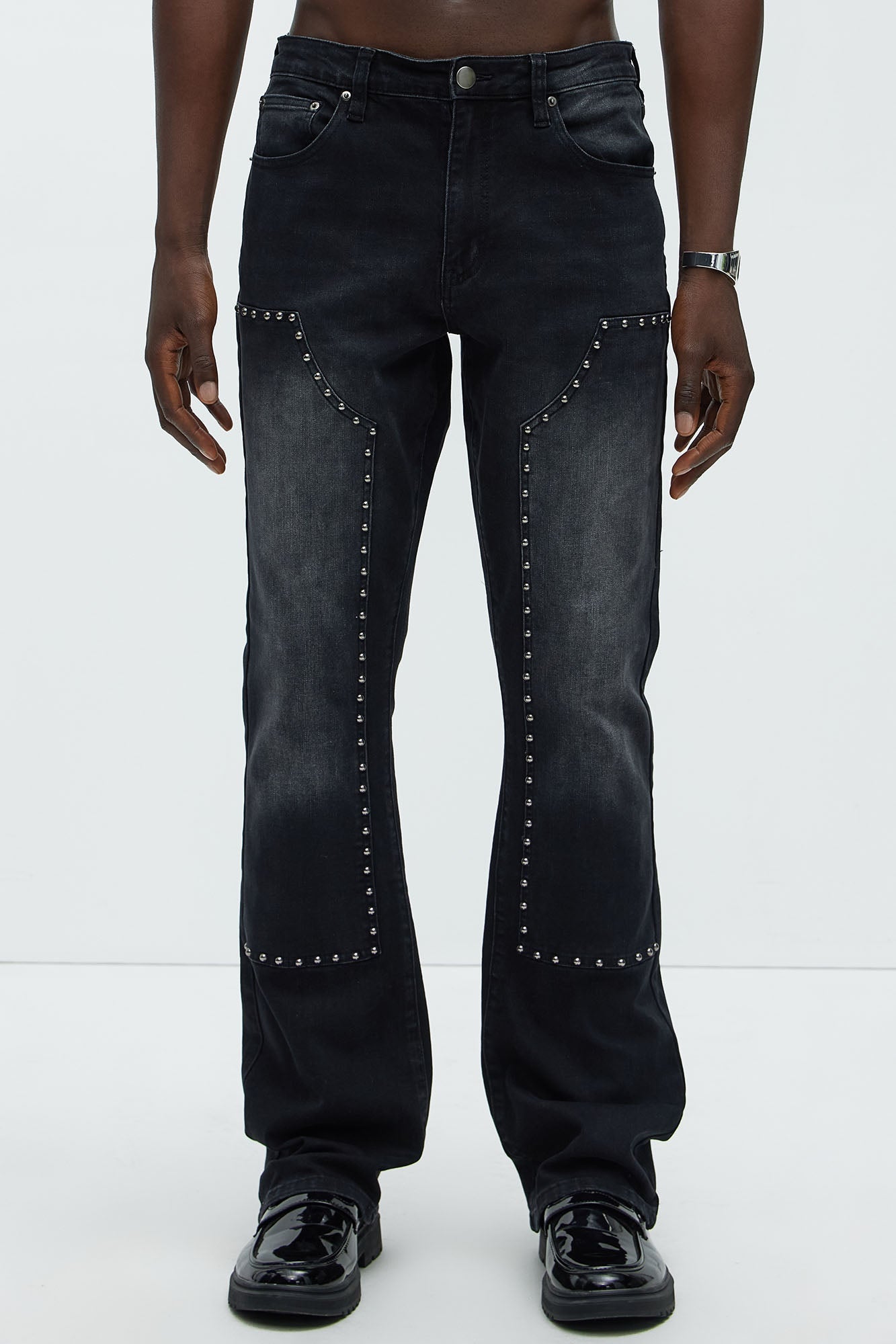 Rivetting Studded Stacked Slim Flare Jeans - Black