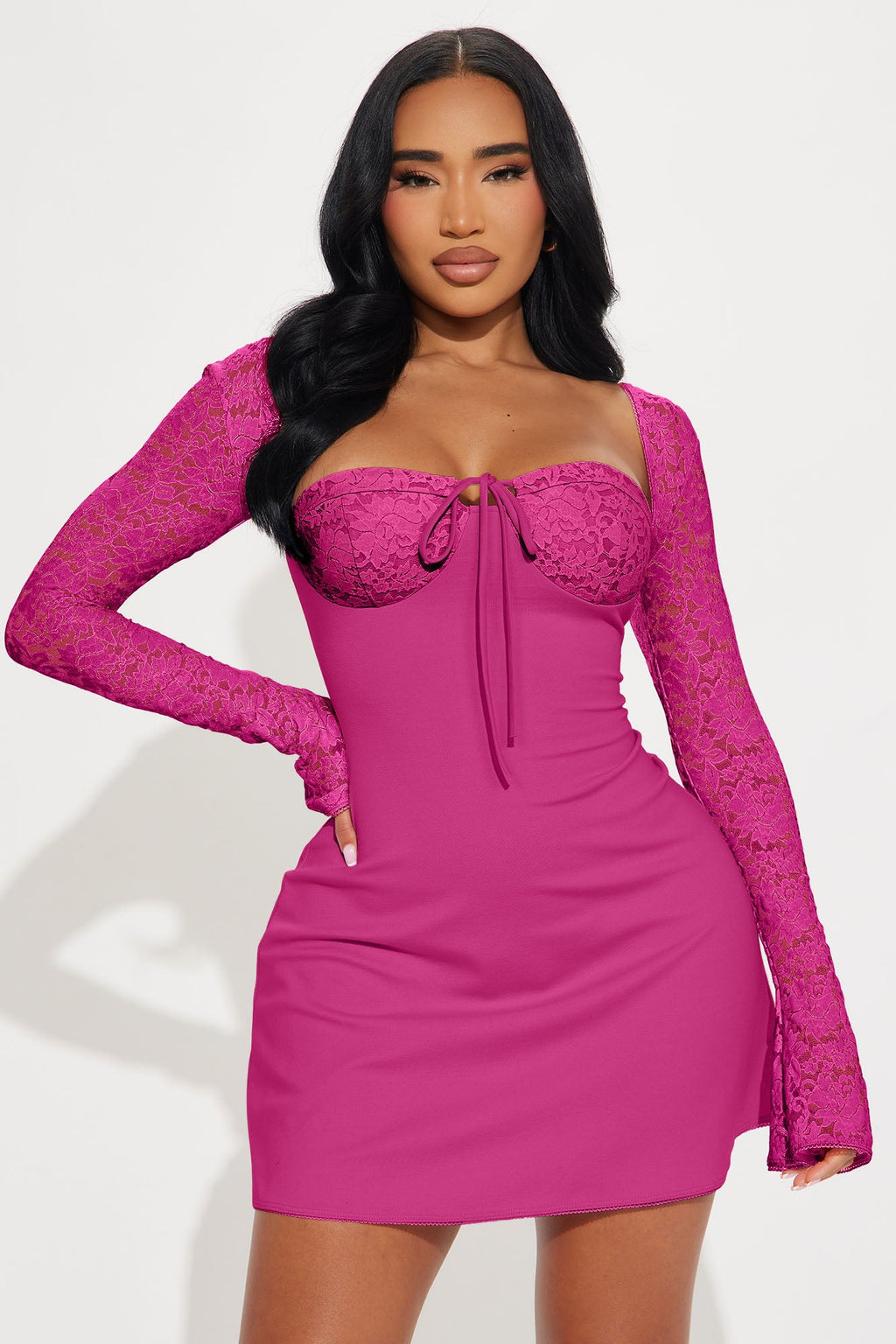 Emilina Long Sleeve Lace Mini Dress - Fuchsia