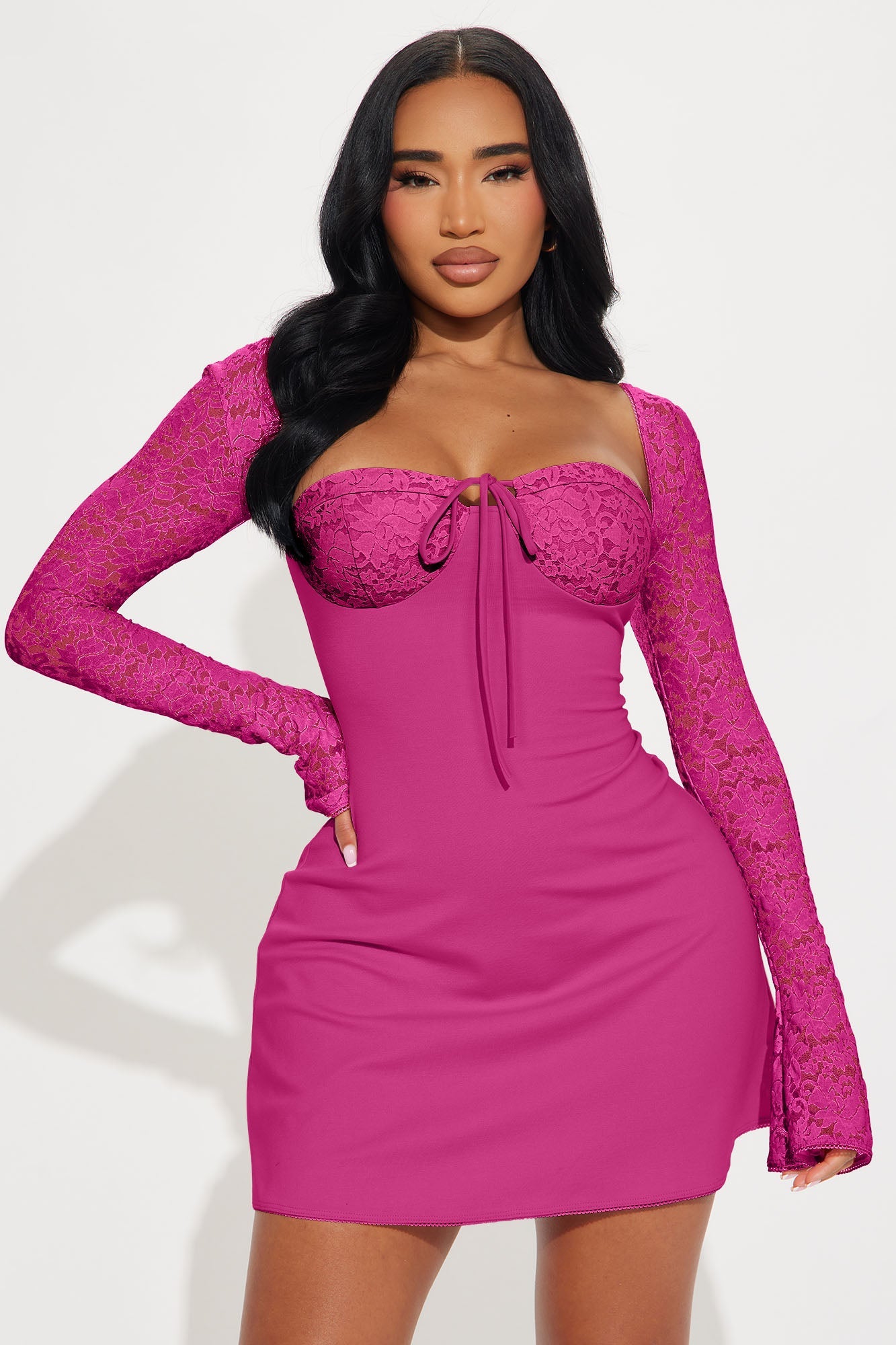 Emilina Long Sleeve Lace Mini Dress - Fuchsia