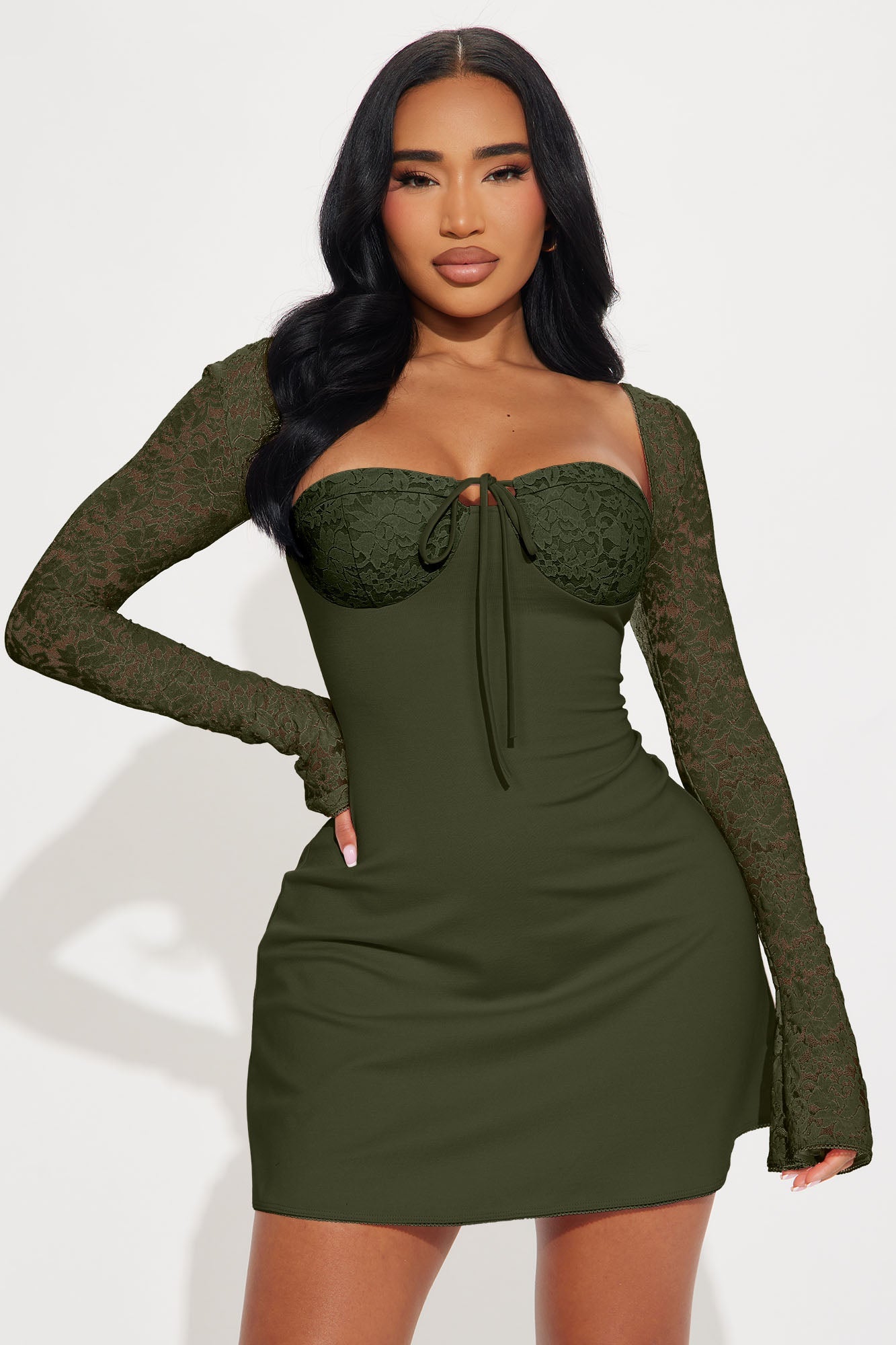 Emilina Long Sleeve Lace Mini Dress - Olive