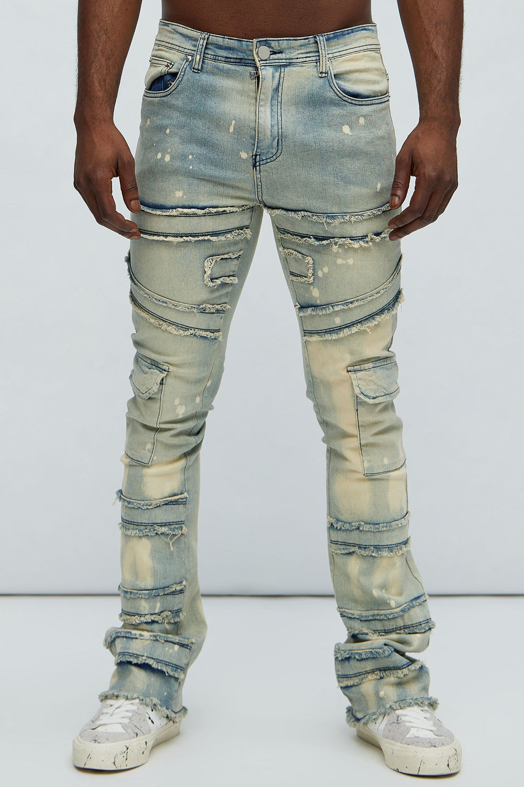 With Some Fray Skinny Flare Cargo Jeans - Light Blue Wash