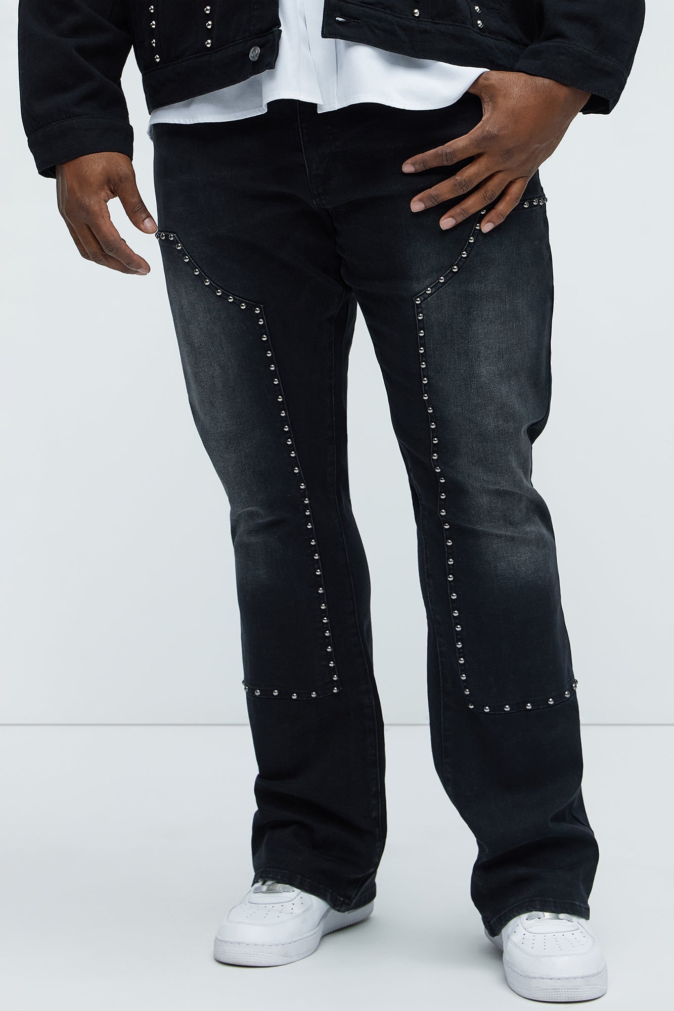 Rivetting Studded Stacked Slim Flare Jeans - Black