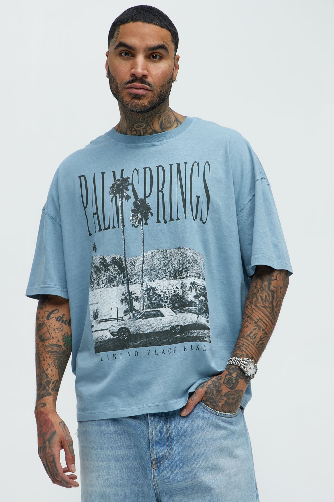 Palm Springs Oversized Short Sleeve Tee - Light Blue