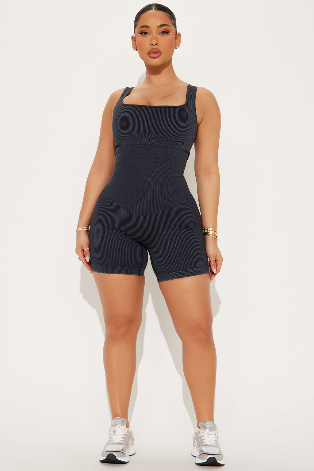 Tessa Washed Ribbed Active Romper - Black