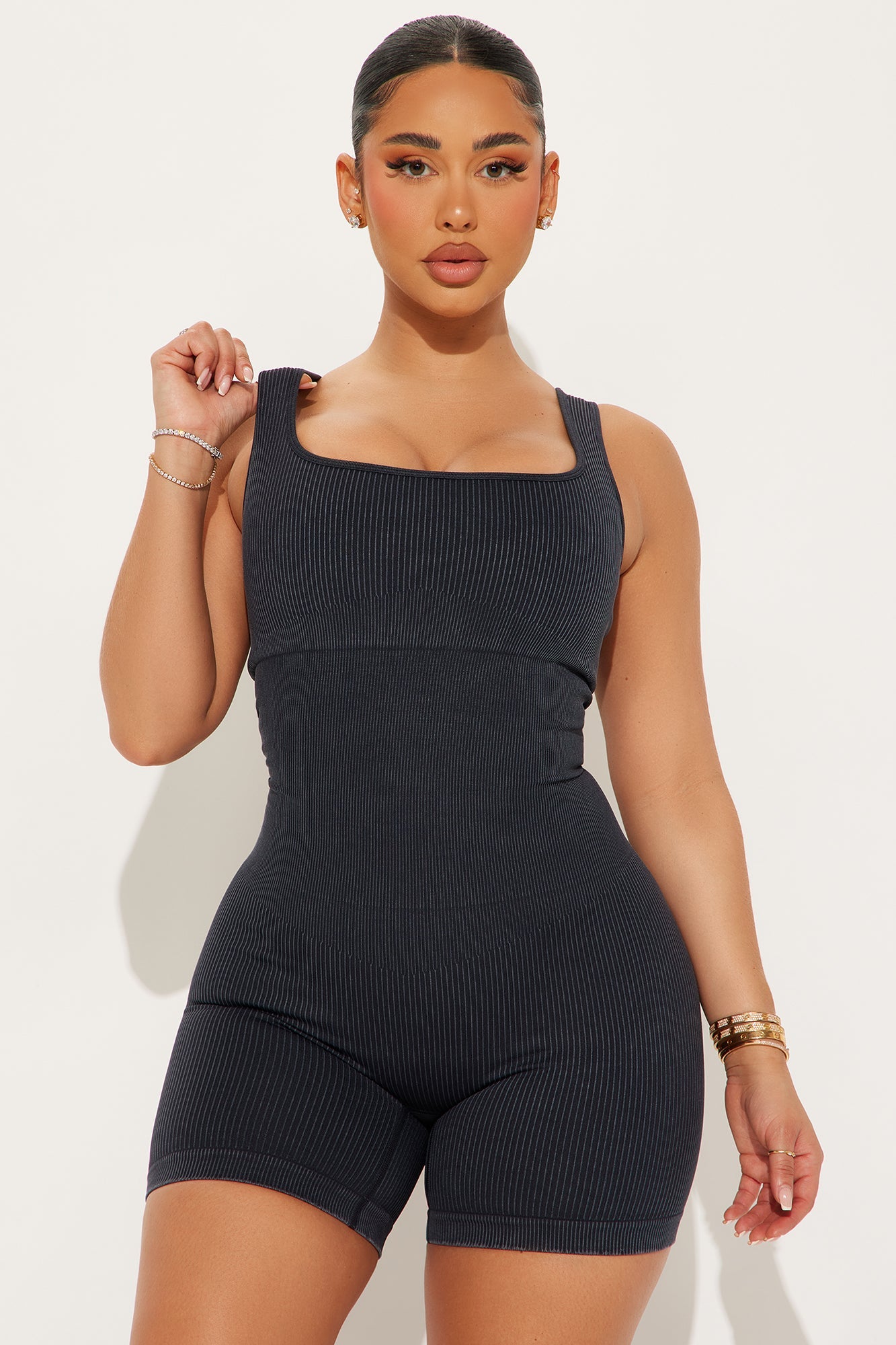 Tessa Washed Ribbed Active Romper - Black
