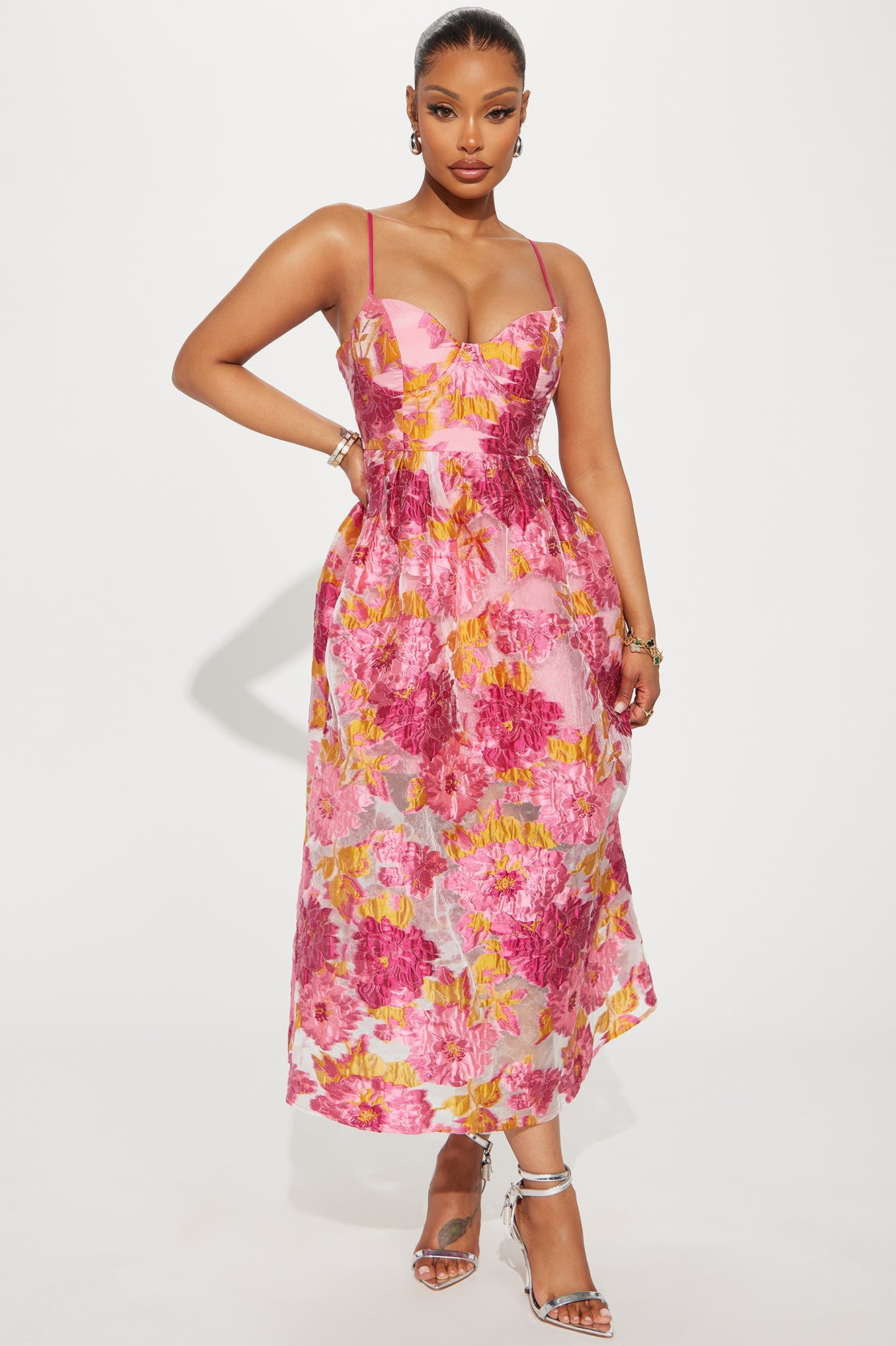 Flower Bed Floral Midi Dress - Fuchsia