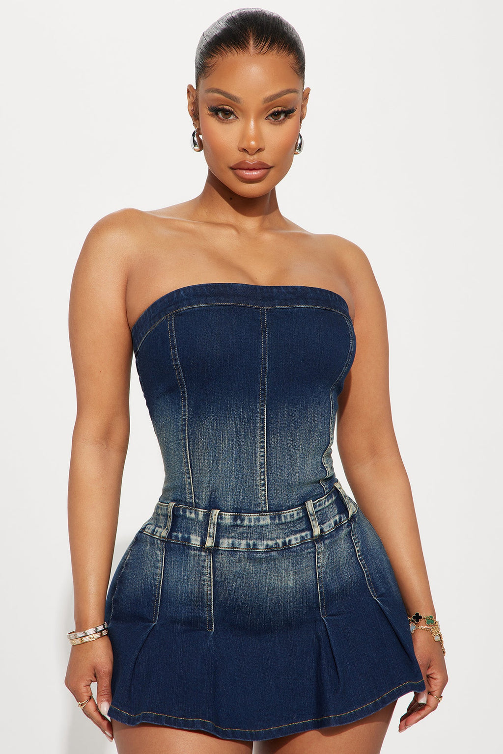 On Repeat Pleated Denim Romper - Dark Wash