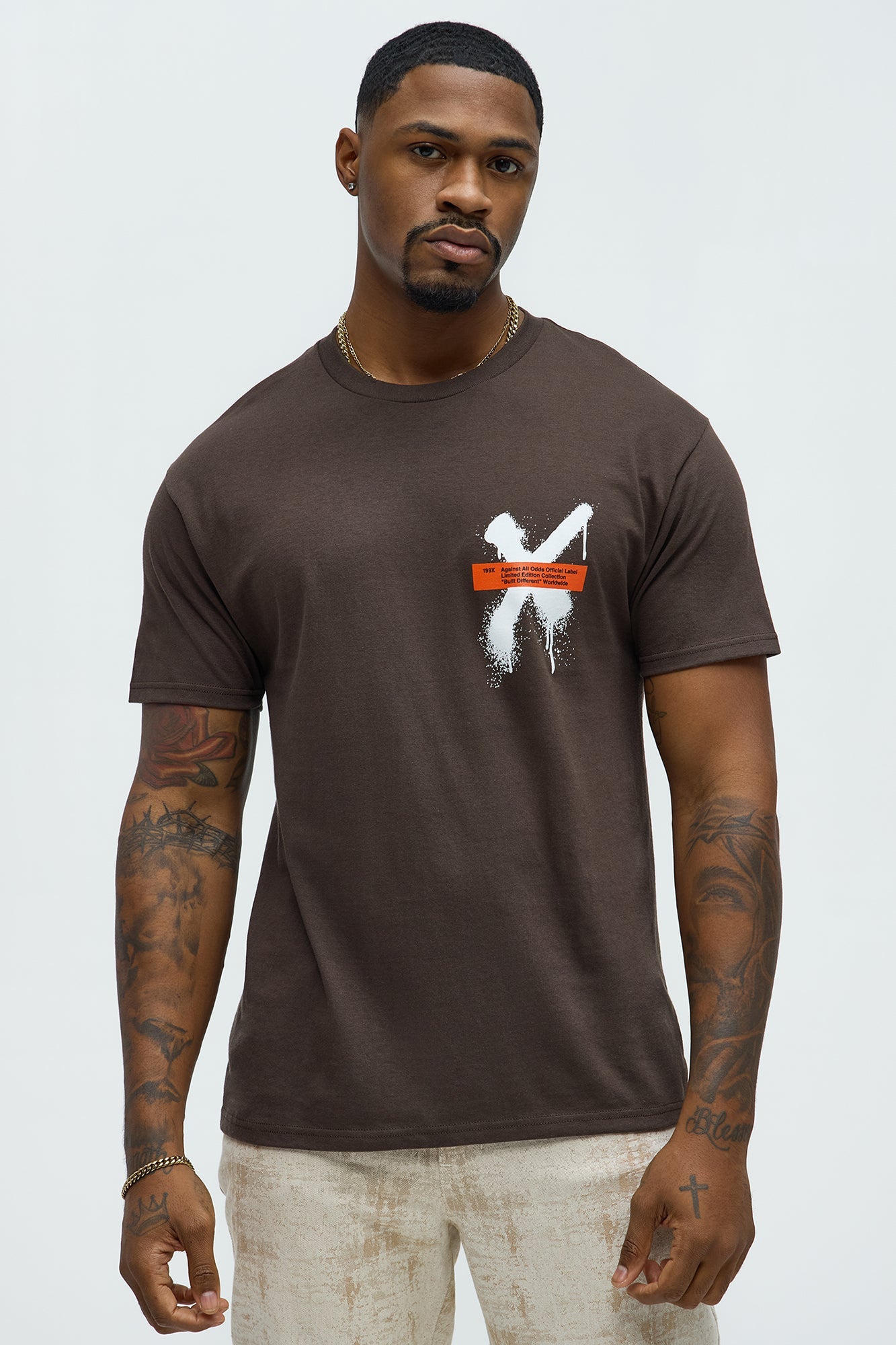 X Graffiti Short Sleeve Crew Neck T shirt - Brown