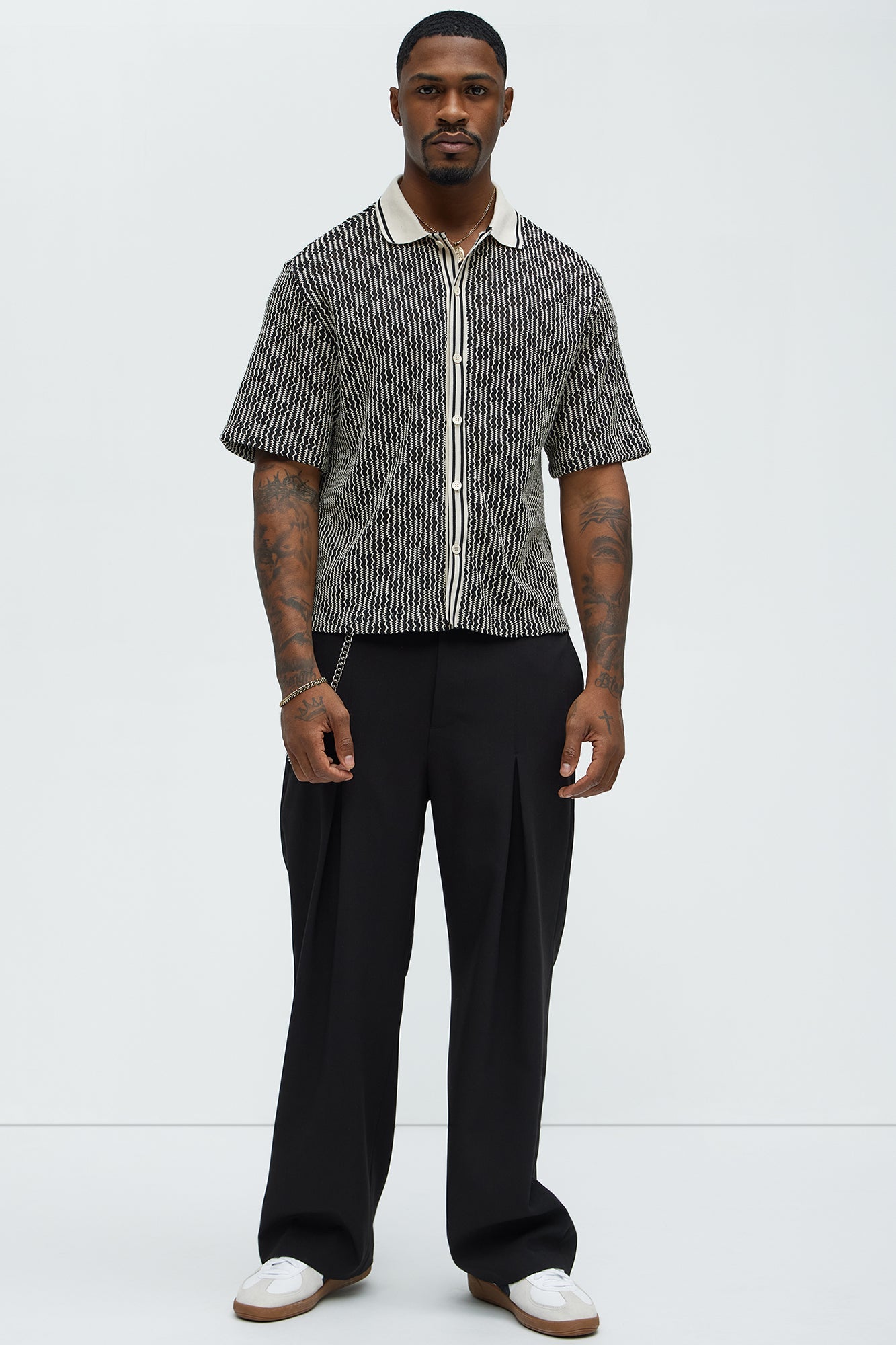 Zigzag Open Knit Crochet Cuban Shirt - Black/combo