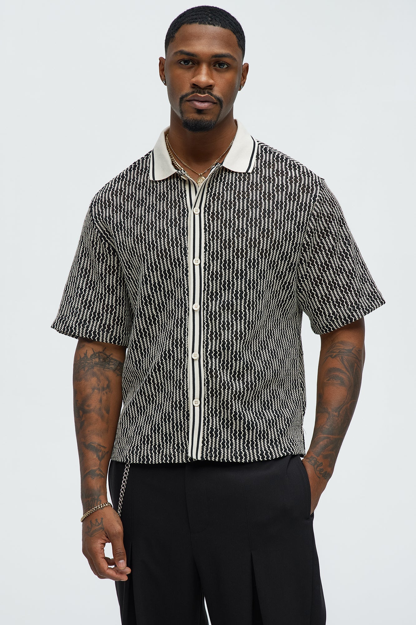 Zigzag Open Knit Crochet Cuban Shirt - Black/combo