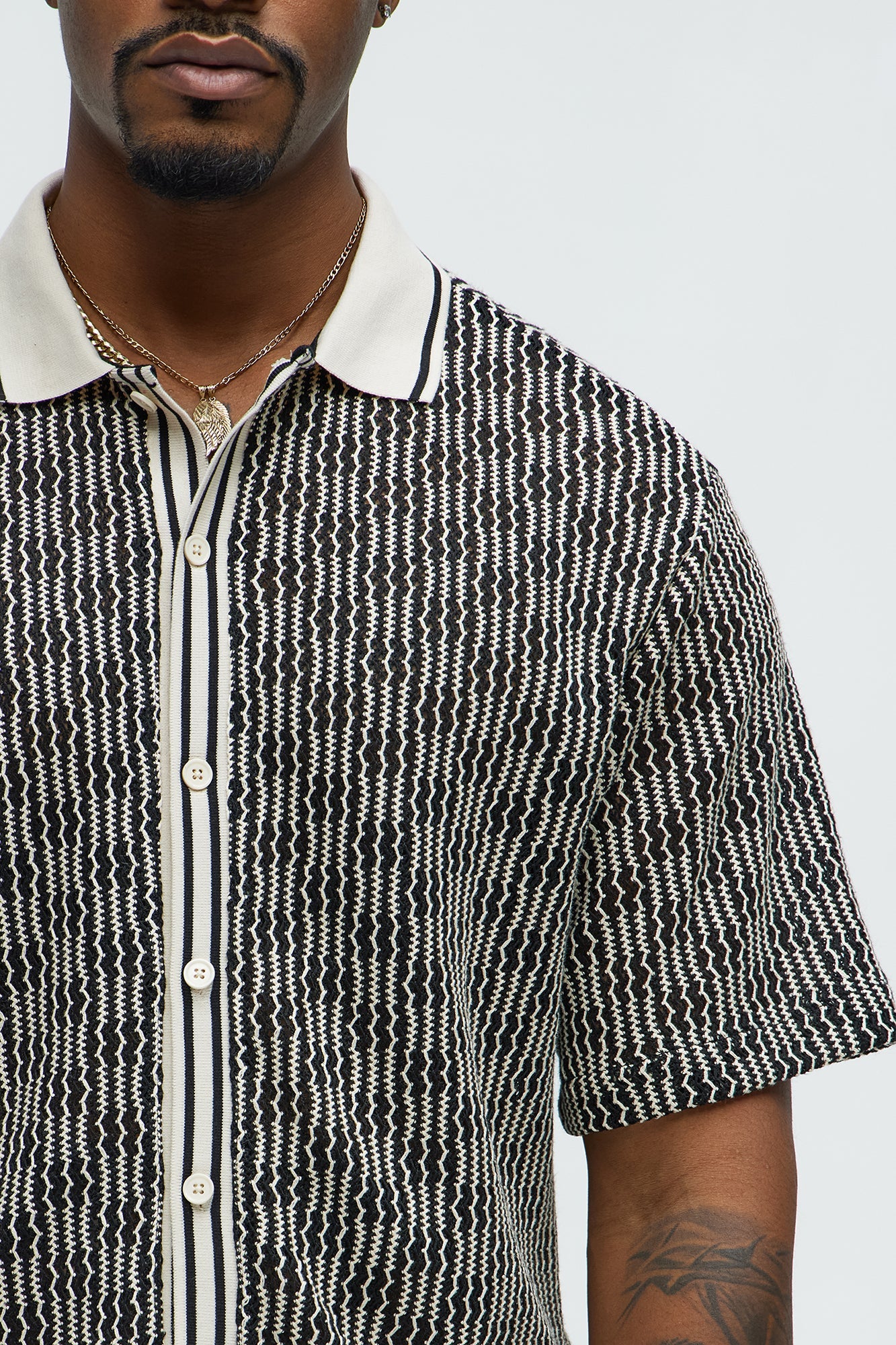Zigzag Open Knit Crochet Cuban Shirt - Black/combo