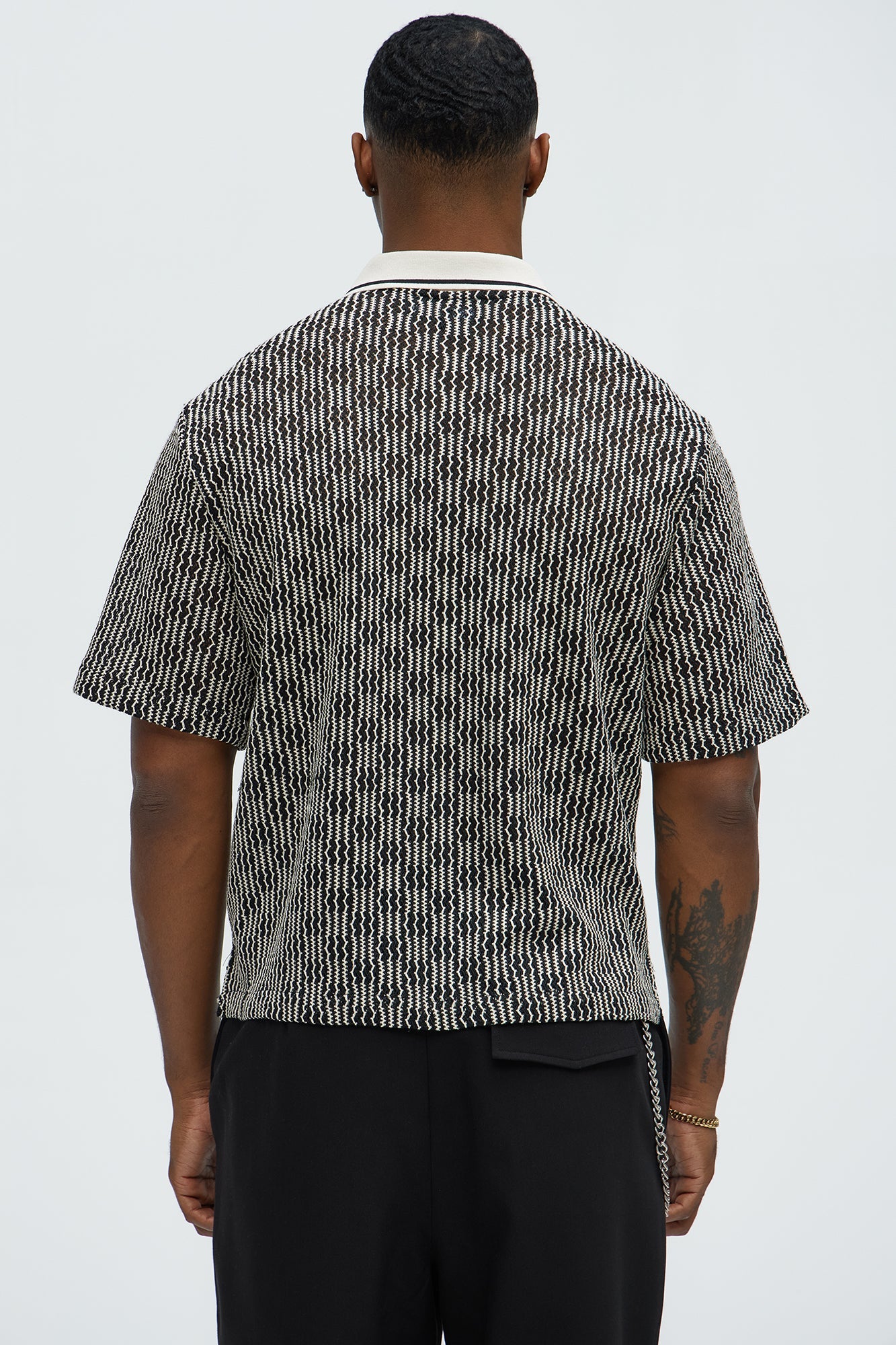 Zigzag Open Knit Crochet Cuban Shirt - Black/combo
