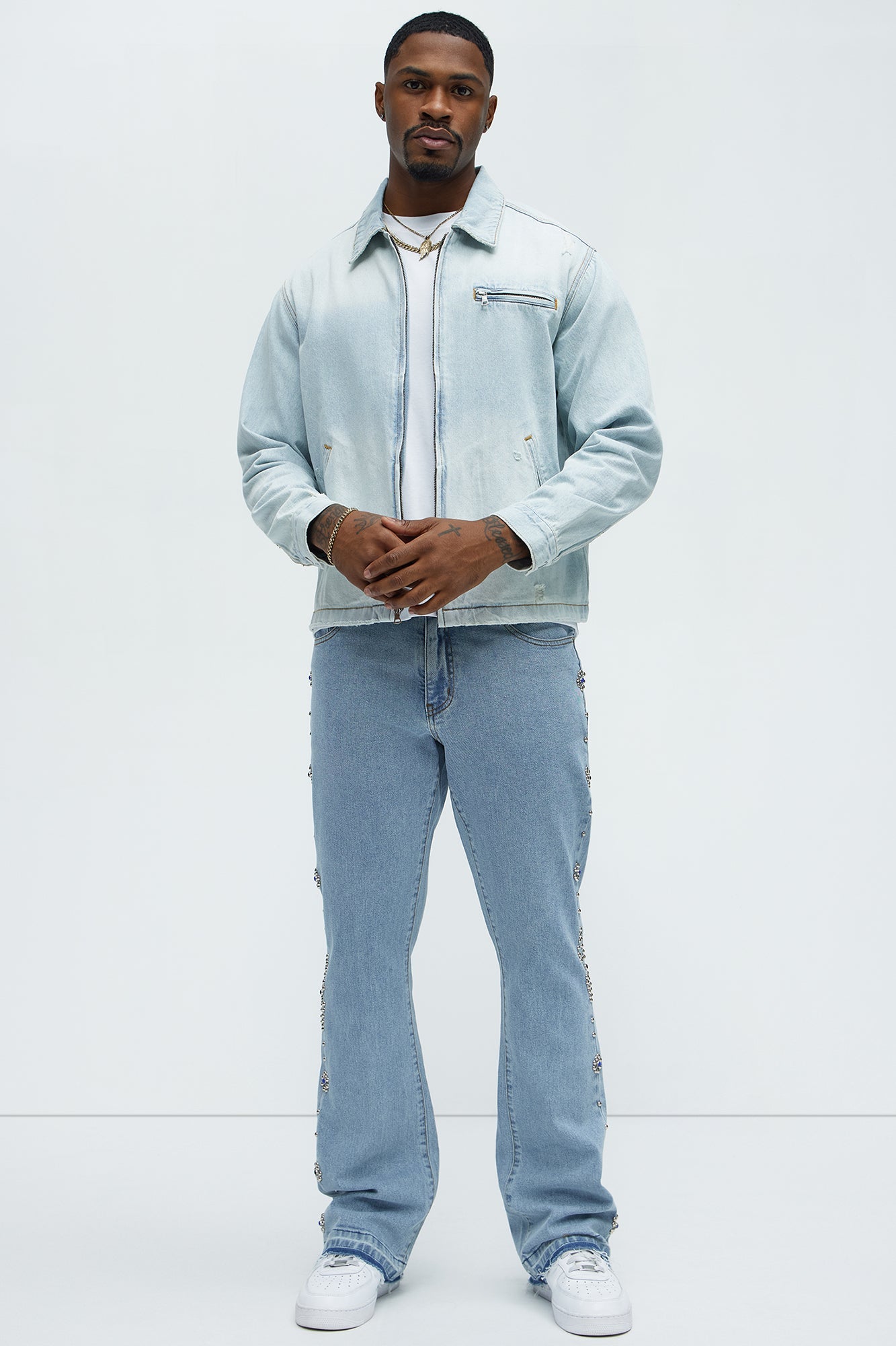 Western Studded Stacked Slim Flare Jeans - Light Wash
