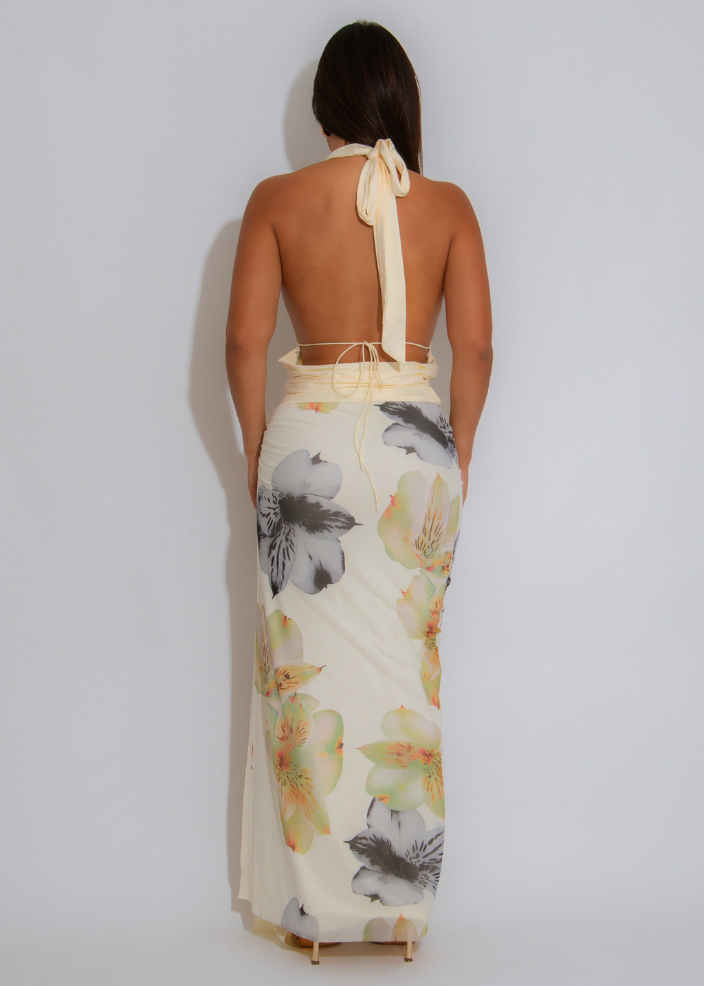Floral Muse Ruched Mesh Skirt Set Yellow