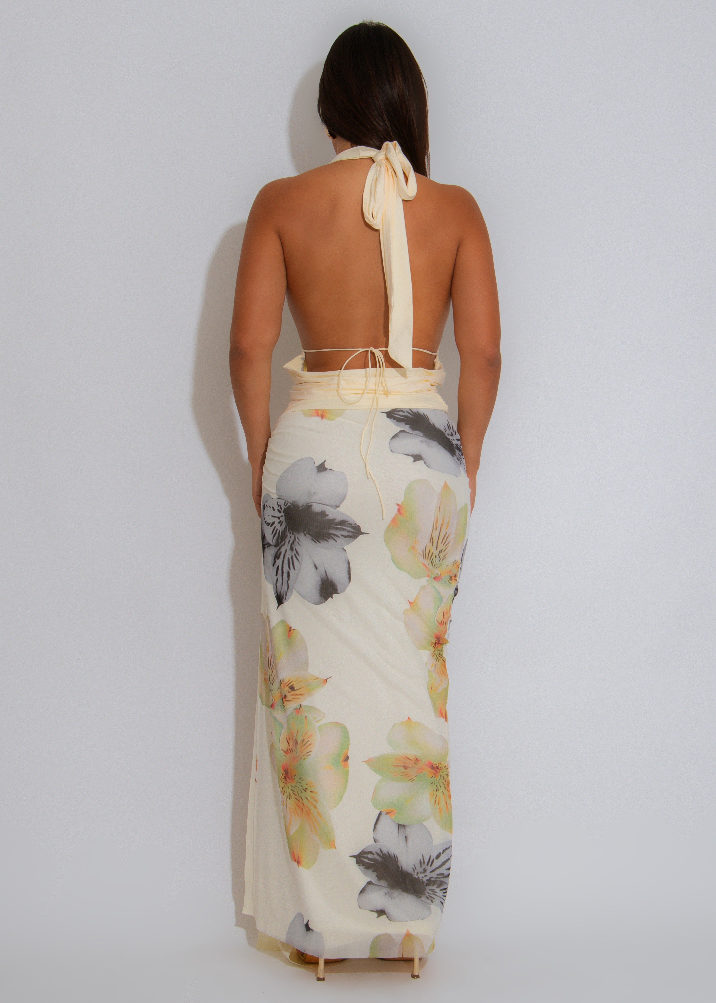 Floral Muse Ruched Mesh Skirt Set Yellow
