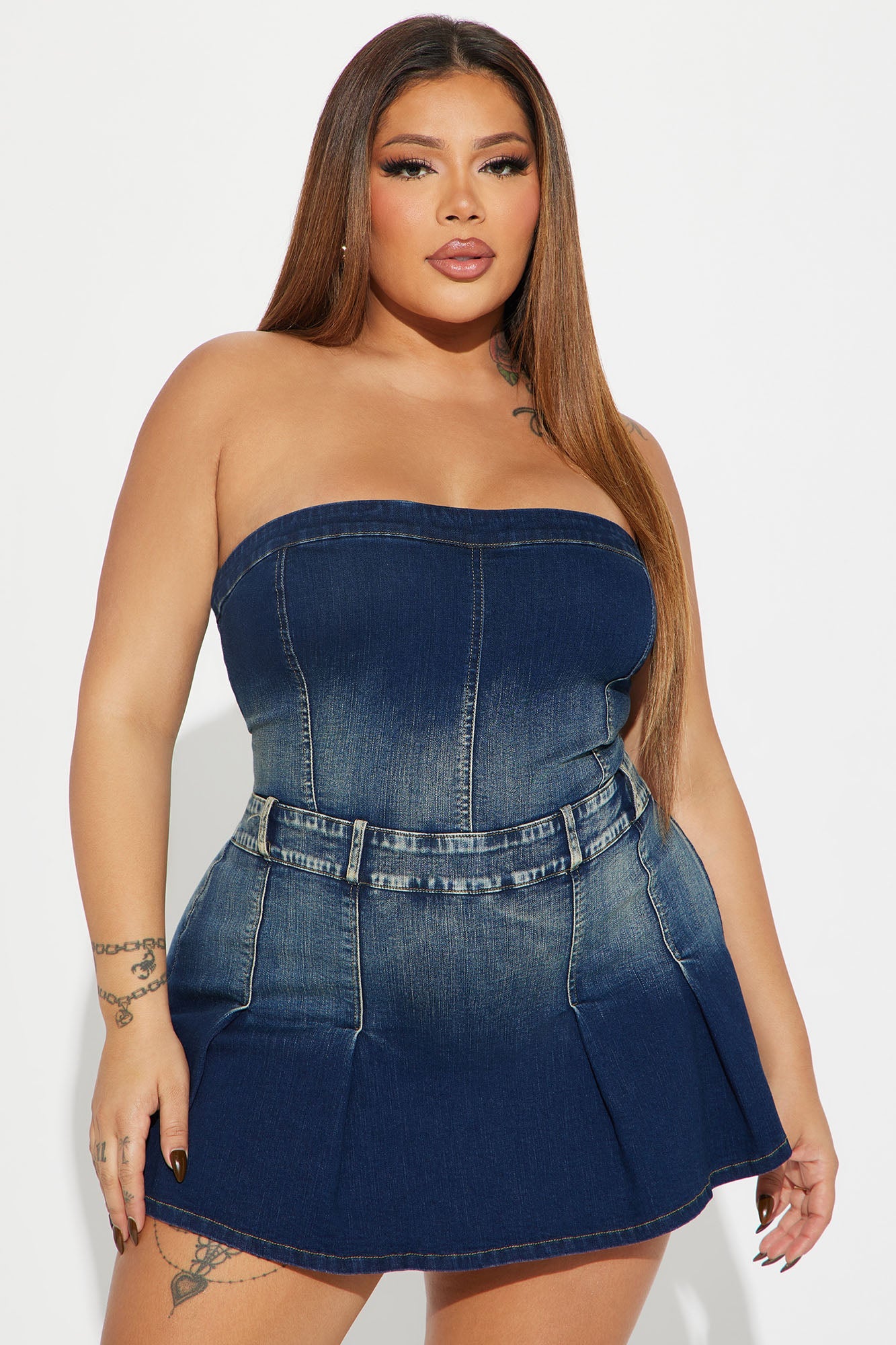 On Repeat Pleated Denim Romper - Dark Wash