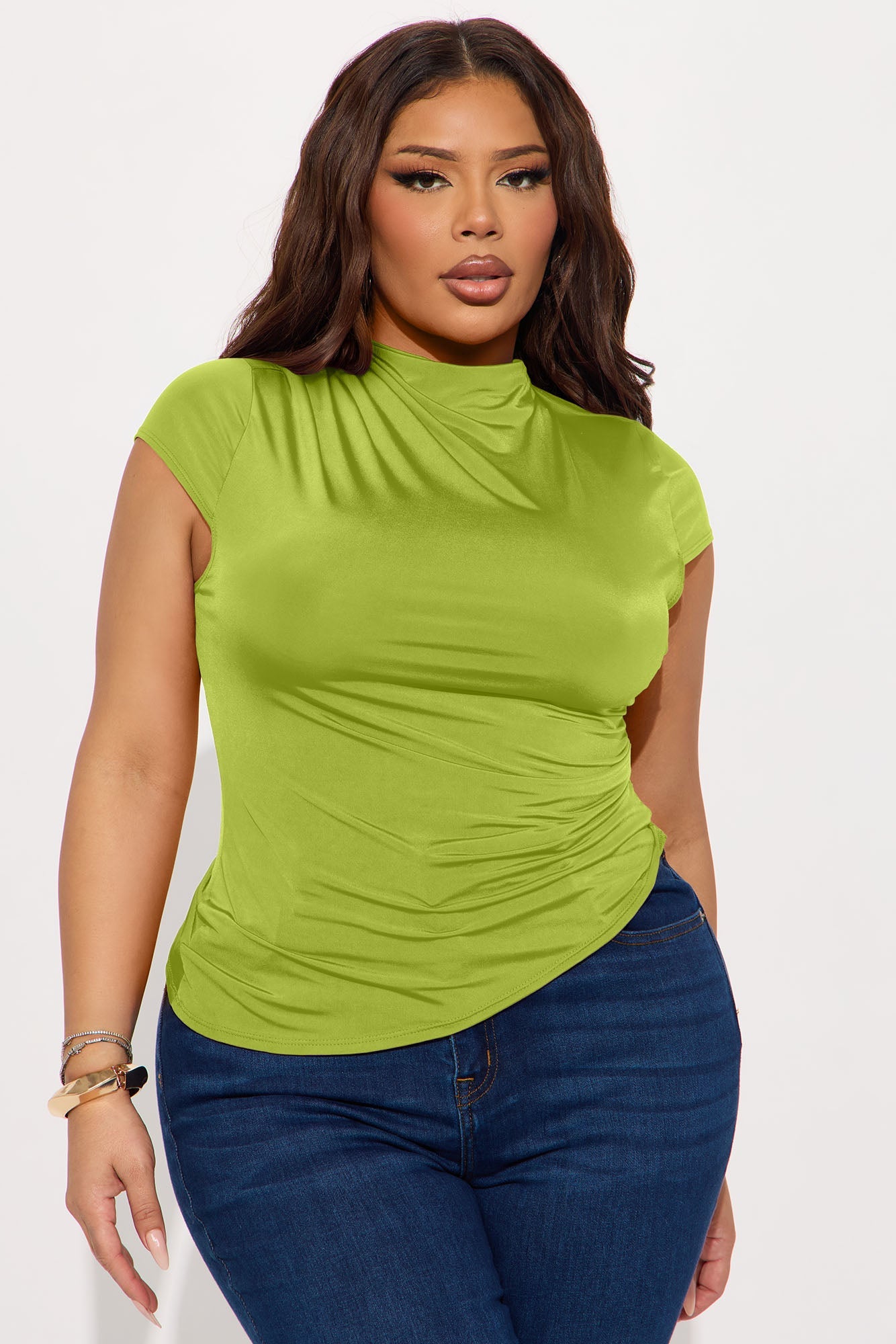 Ines Asymmetrical Ruched High Neck Top - Chartreuse