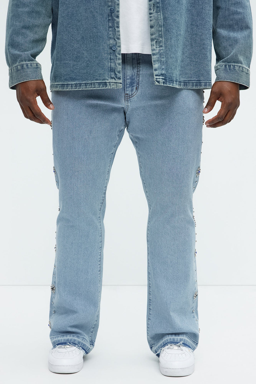 Western Studded Stacked Slim Flare Jeans - Light Wash