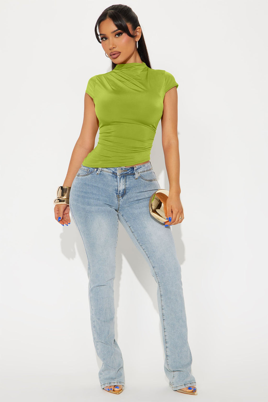 Ines Asymmetrical Ruched High Neck Top - Chartreuse
