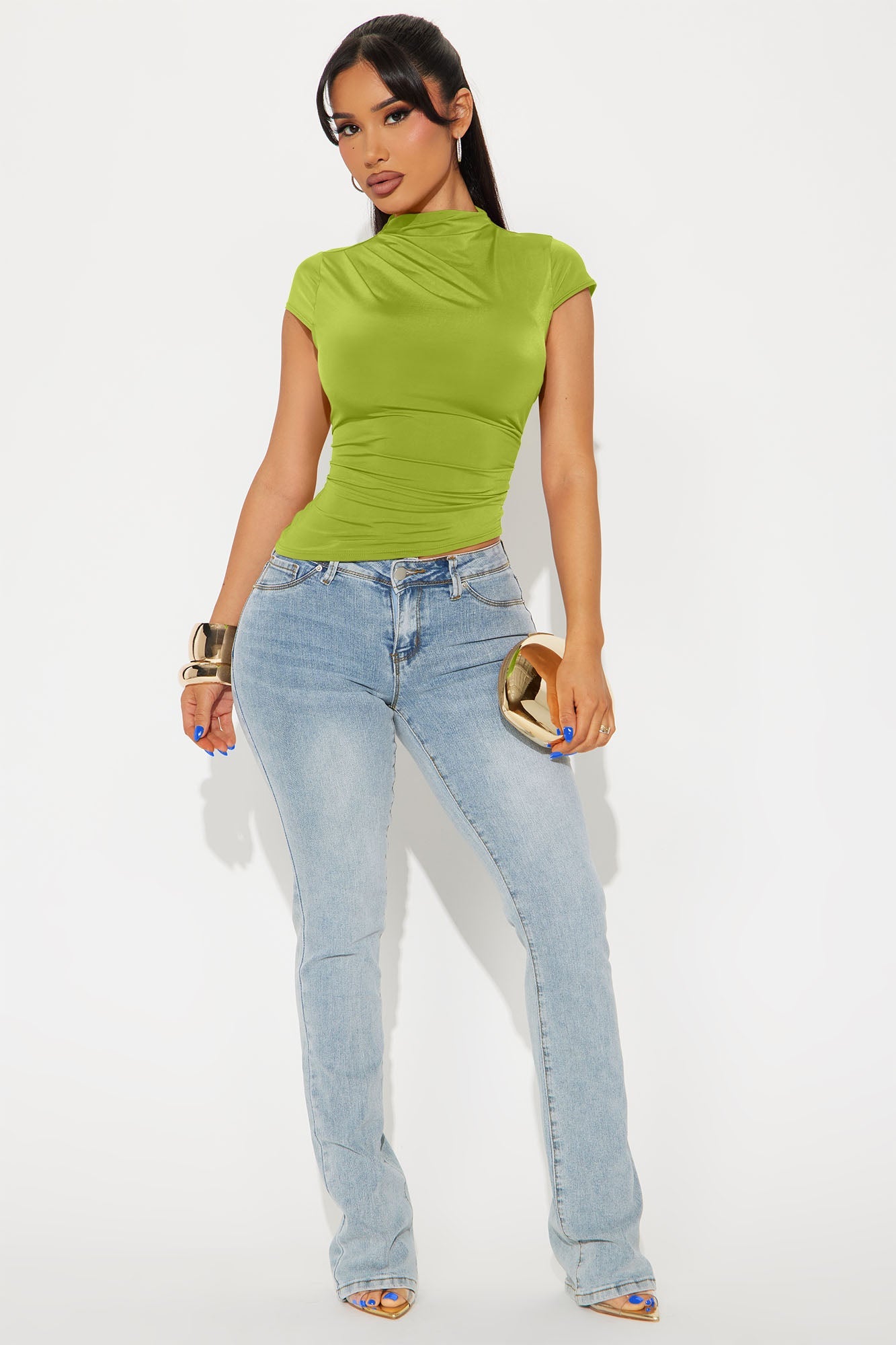 Ines Asymmetrical Ruched High Neck Top - Chartreuse