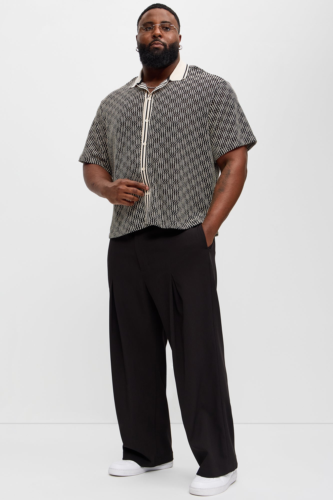 Zigzag Open Knit Crochet Cuban Shirt - Black/combo