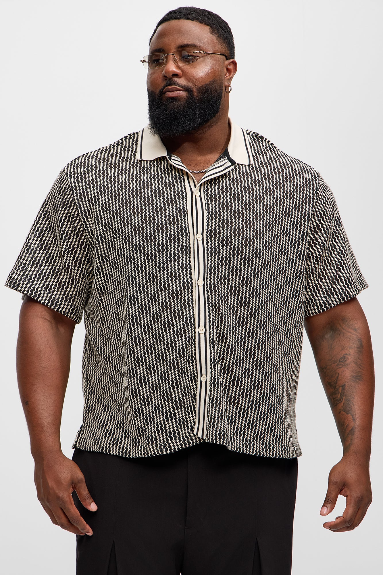 Zigzag Open Knit Crochet Cuban Shirt - Black/combo