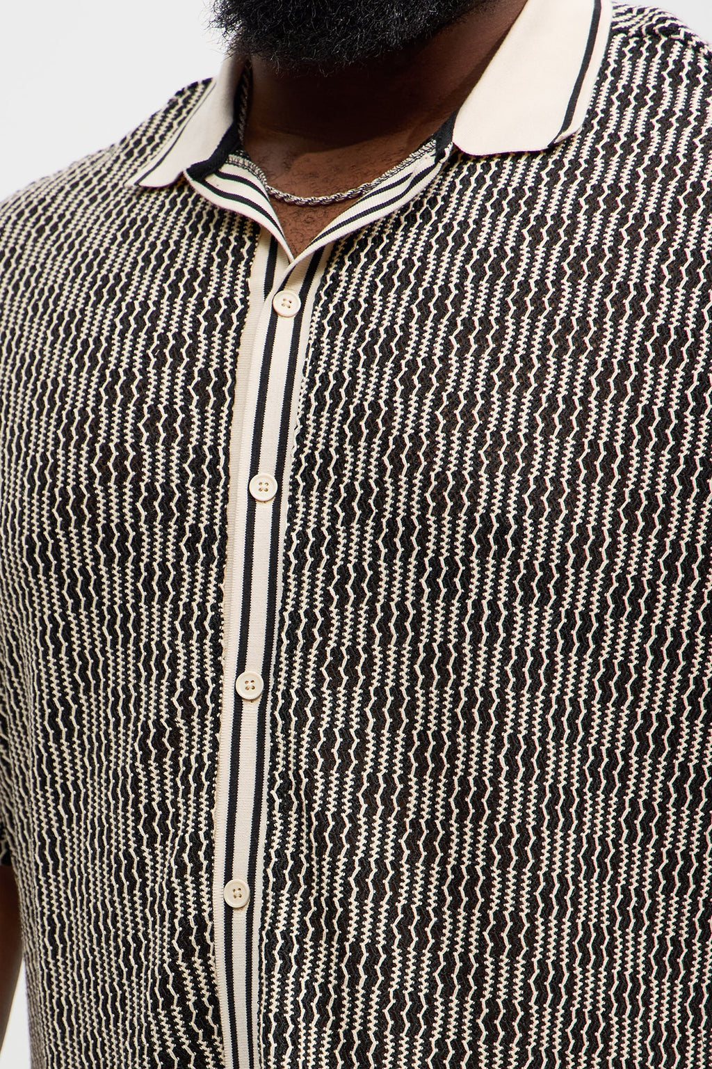Zigzag Open Knit Crochet Cuban Shirt - Black/combo