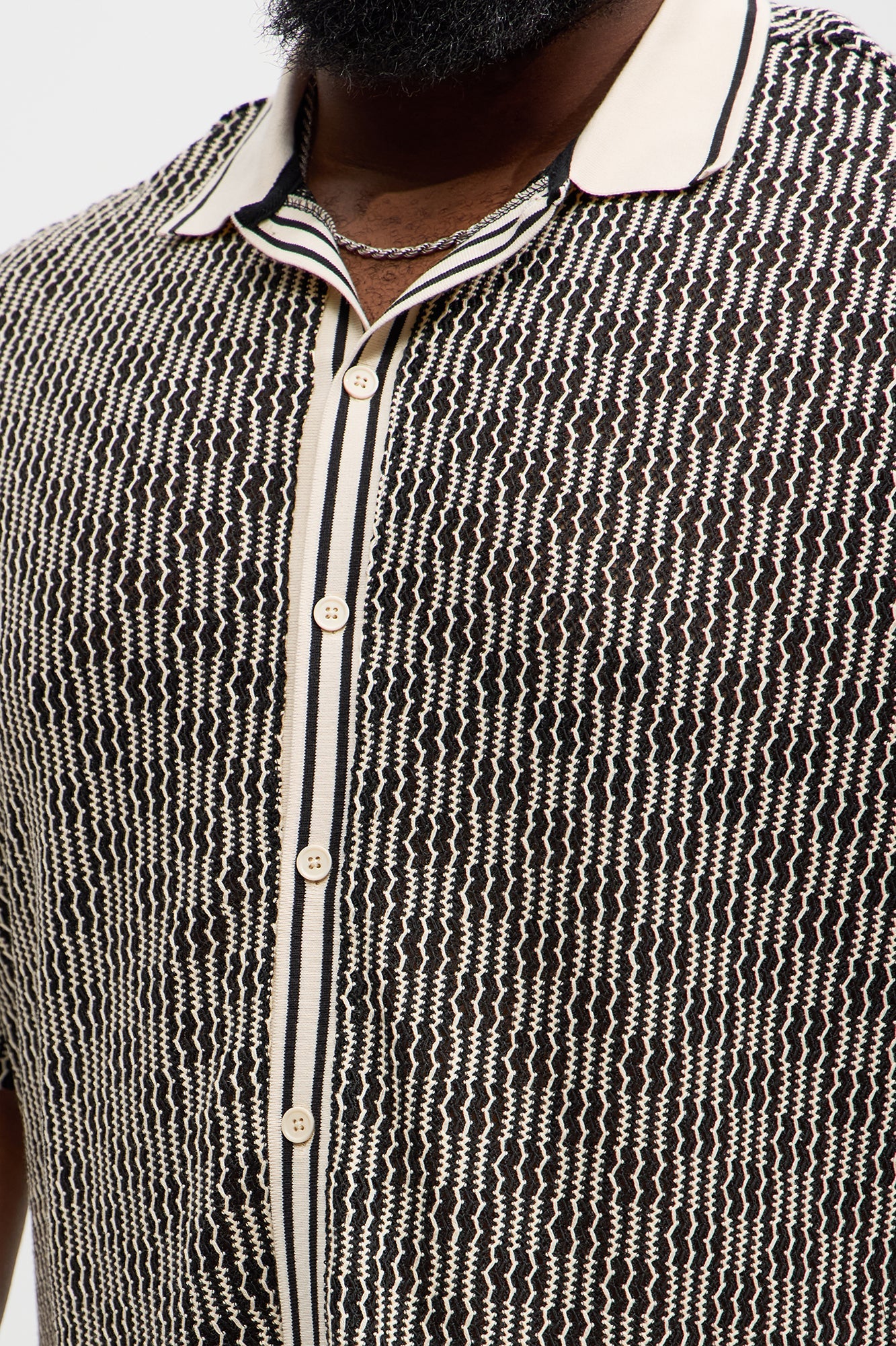 Zigzag Open Knit Crochet Cuban Shirt - Black/combo