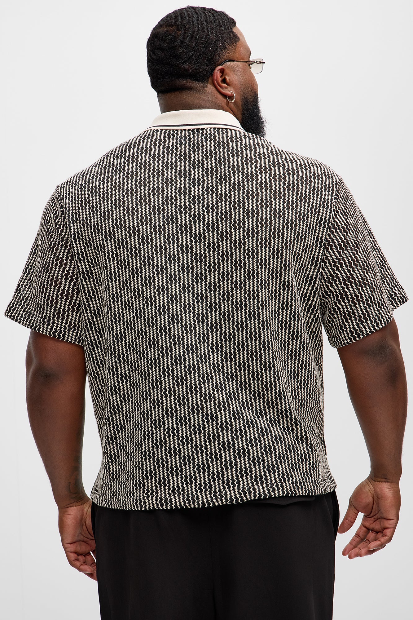 Zigzag Open Knit Crochet Cuban Shirt - Black/combo
