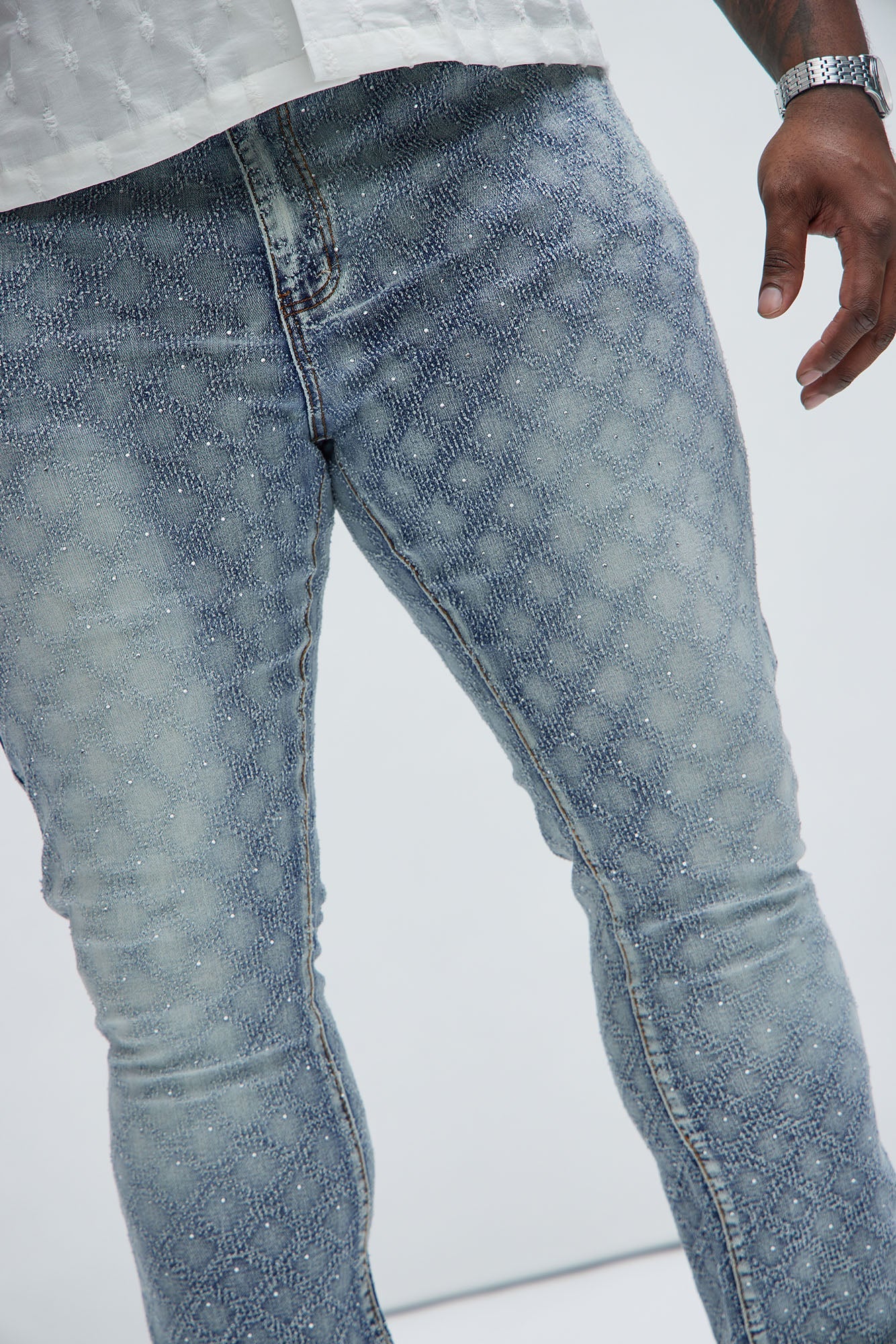 I Be Jeweled Stacked Skinny Flare Jeans - Light Blue
