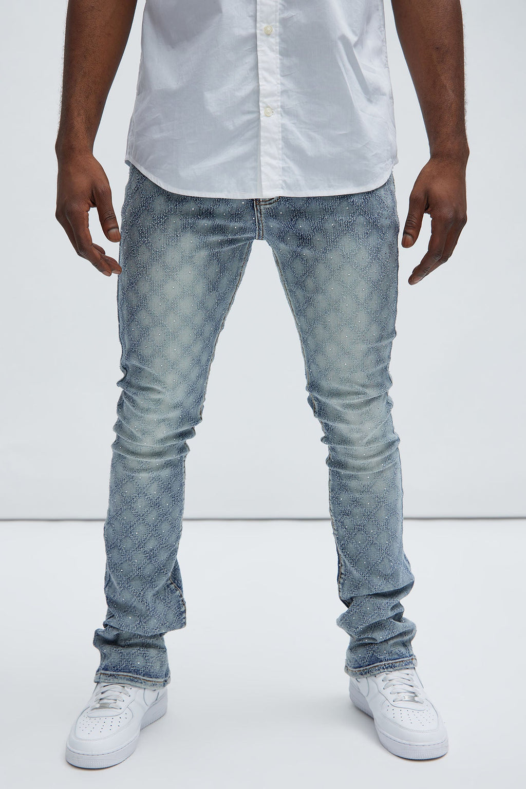 I Be Jeweled Stacked Skinny Flare Jeans - Light Blue