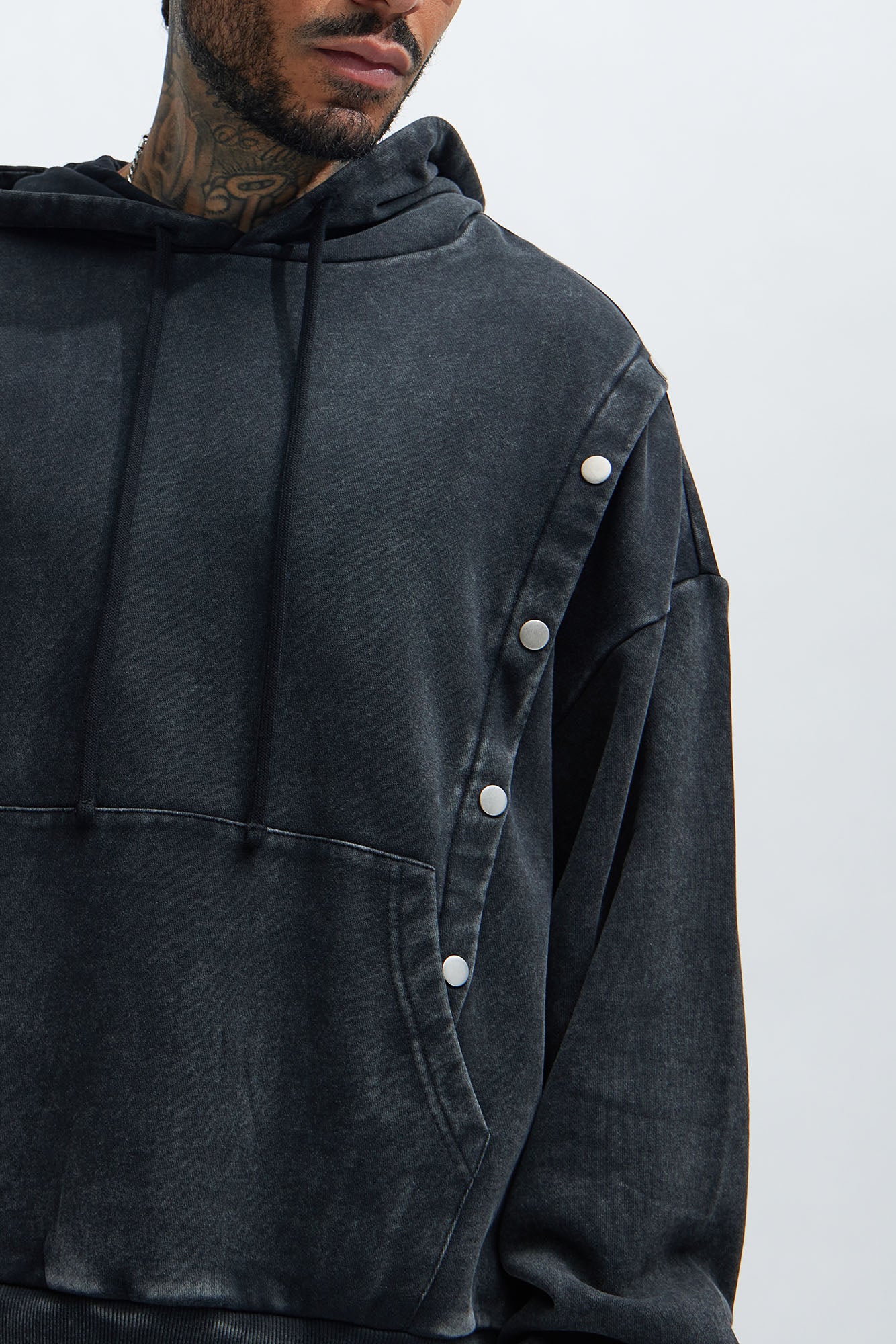 Tyson Snap Panel Oversized Hoodie - Black Wash