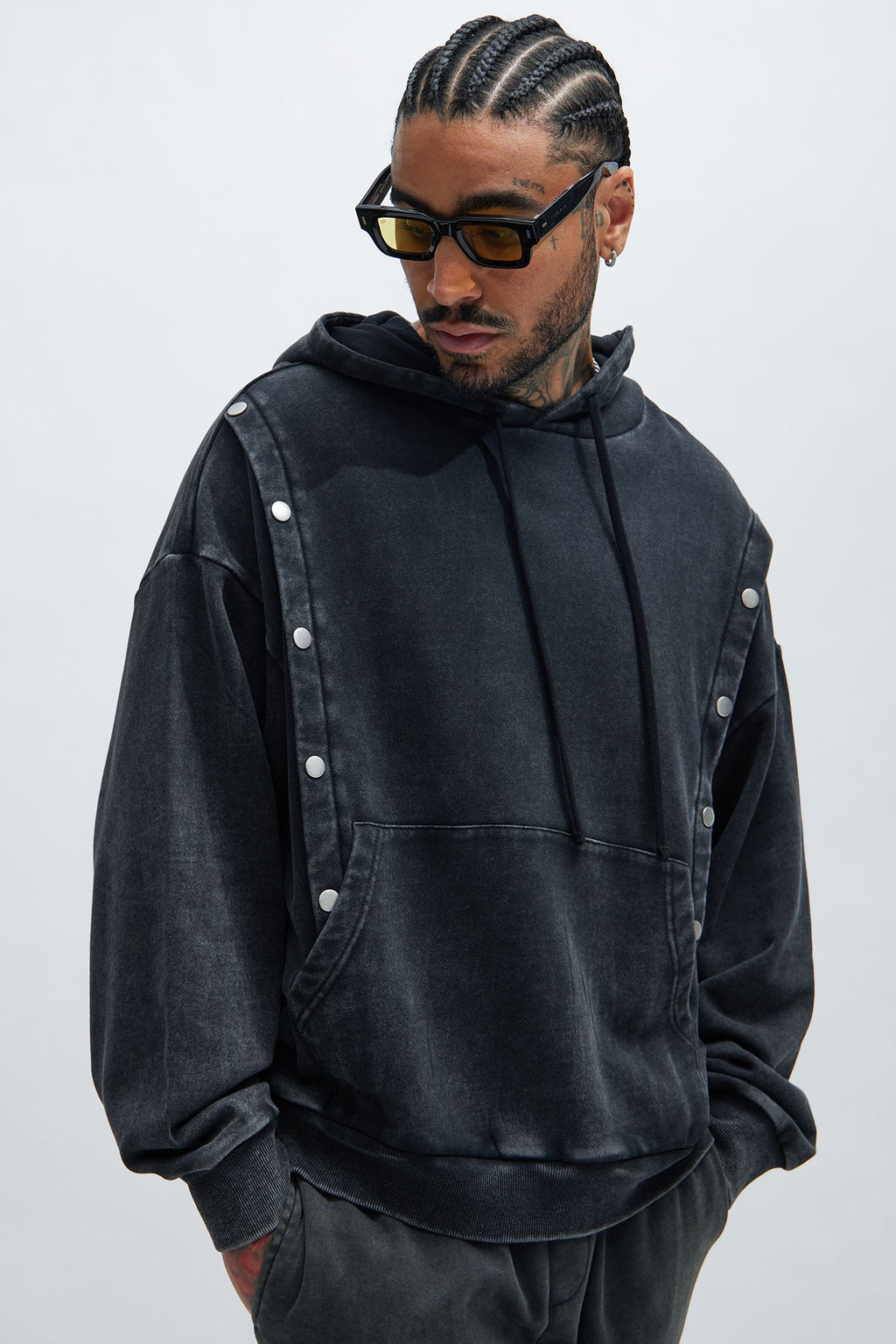 Tyson Snap Panel Oversized Hoodie - Black Wash
