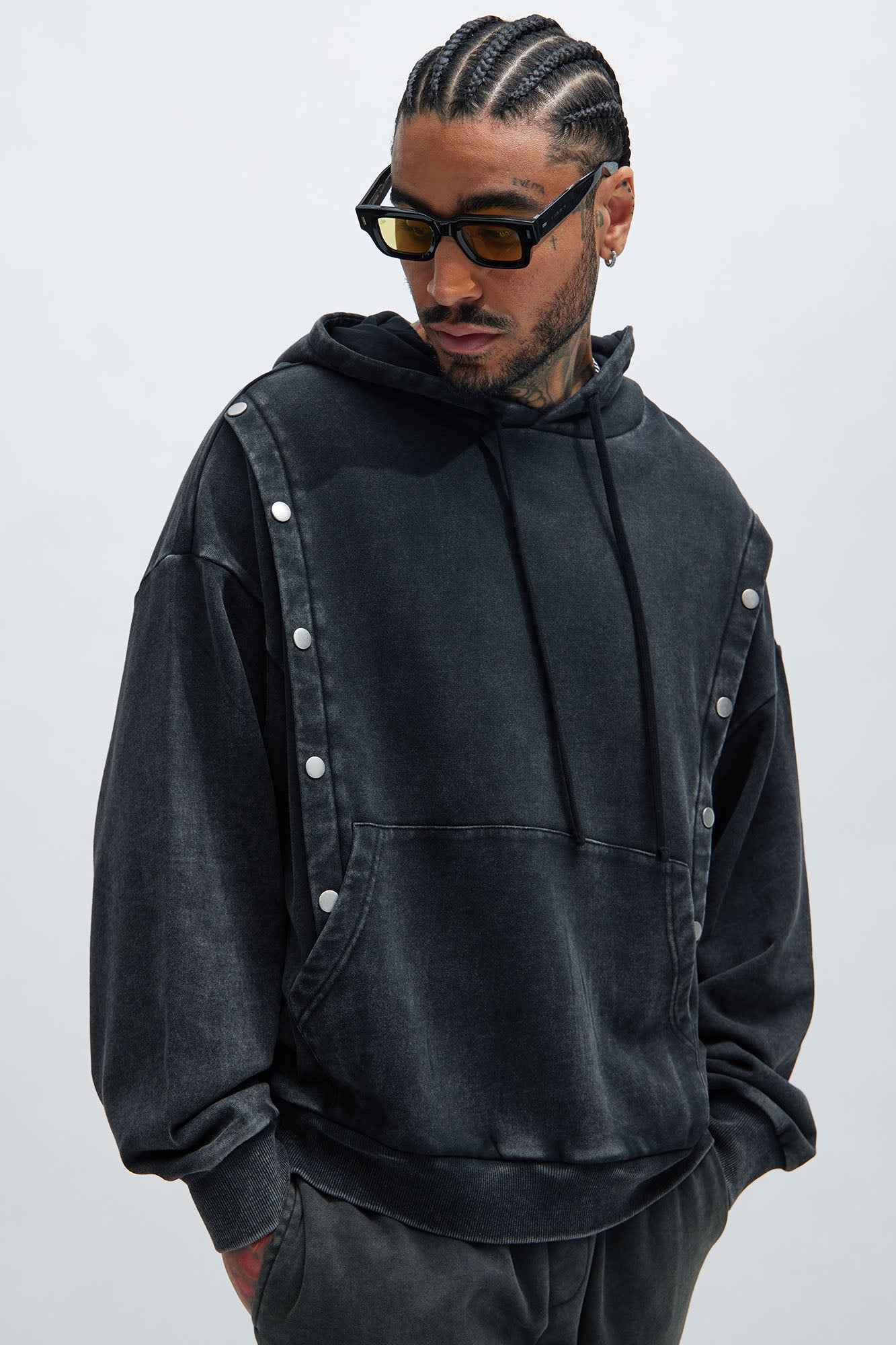 Tyson Snap Panel Oversized Hoodie - Black Wash
