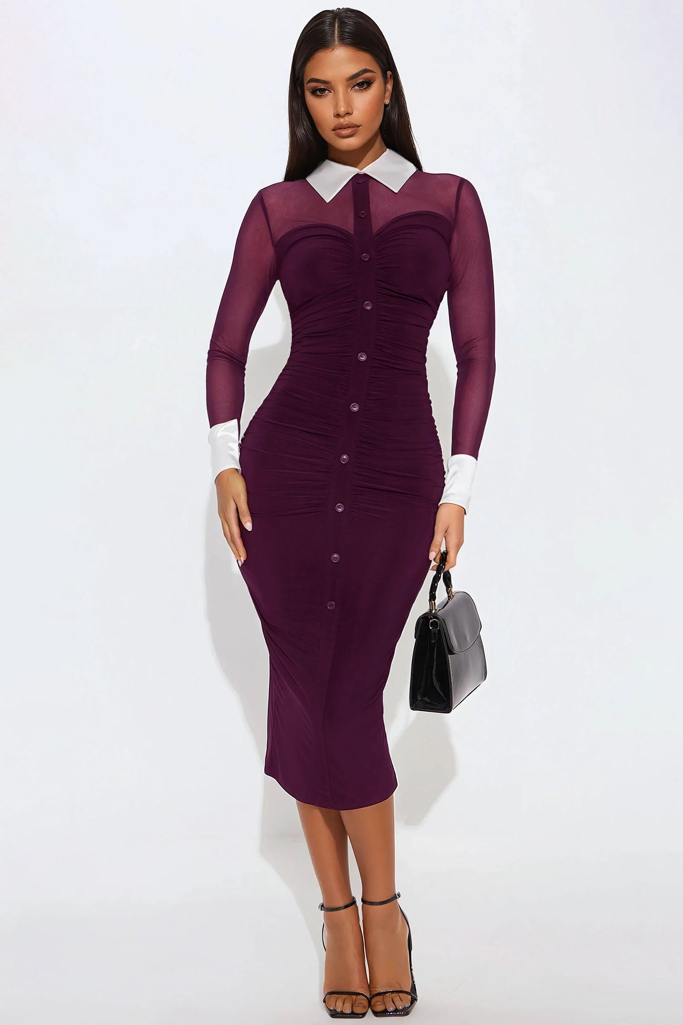 She Means Business Mesh Shirt Midi Dress - Eggplant