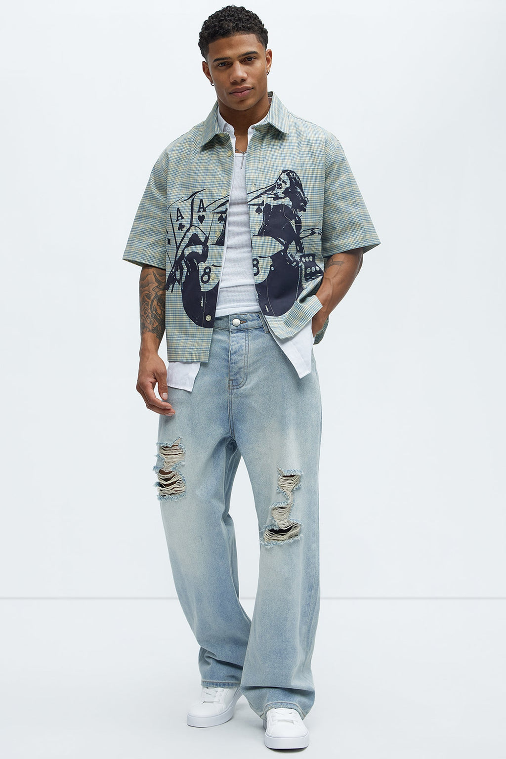 Cropped Pin Up Graphic Button Up Shirt - Green/combo