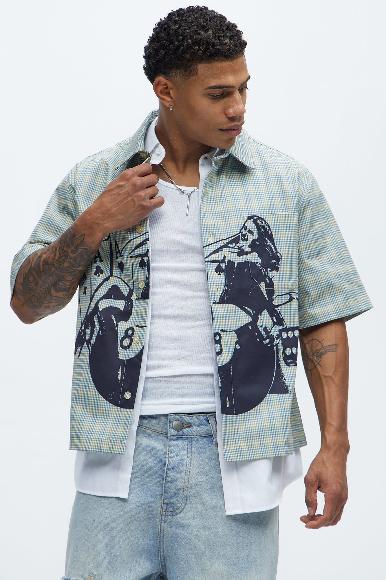 Cropped Pin Up Graphic Button Up Shirt - Green/combo