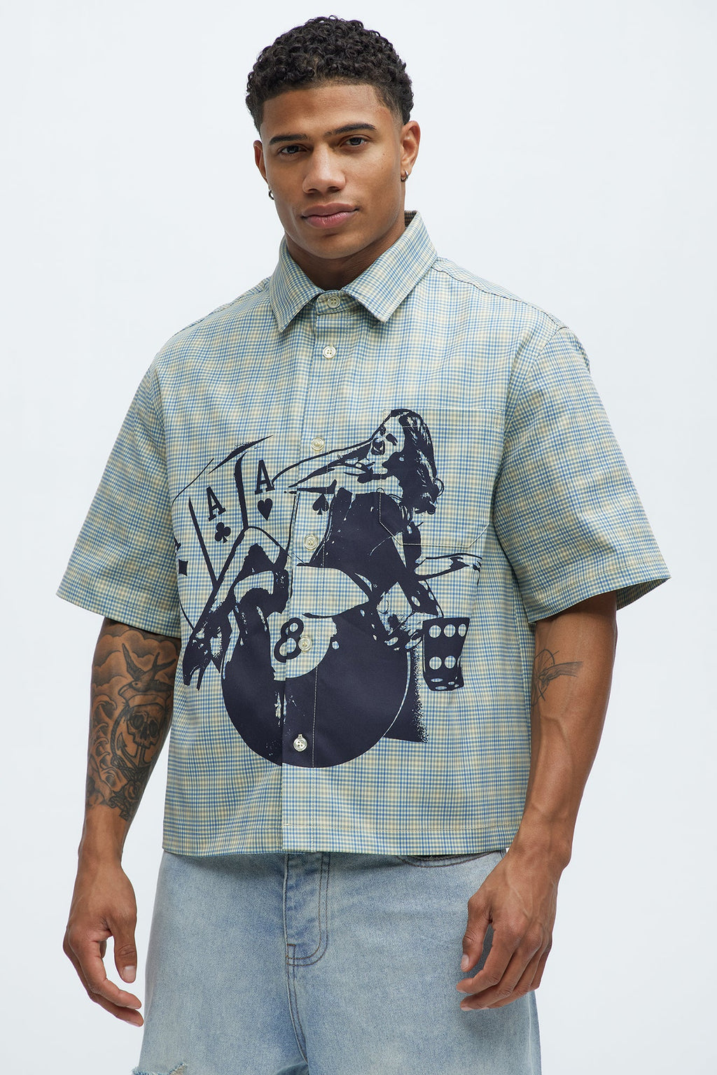 Cropped Pin Up Graphic Button Up Shirt - Green/combo