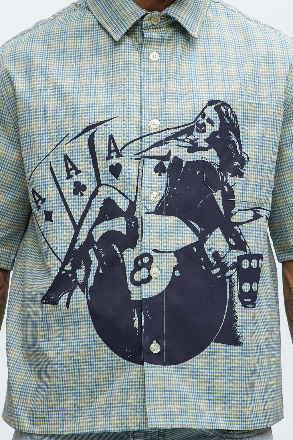 Cropped Pin Up Graphic Button Up Shirt - Green/combo