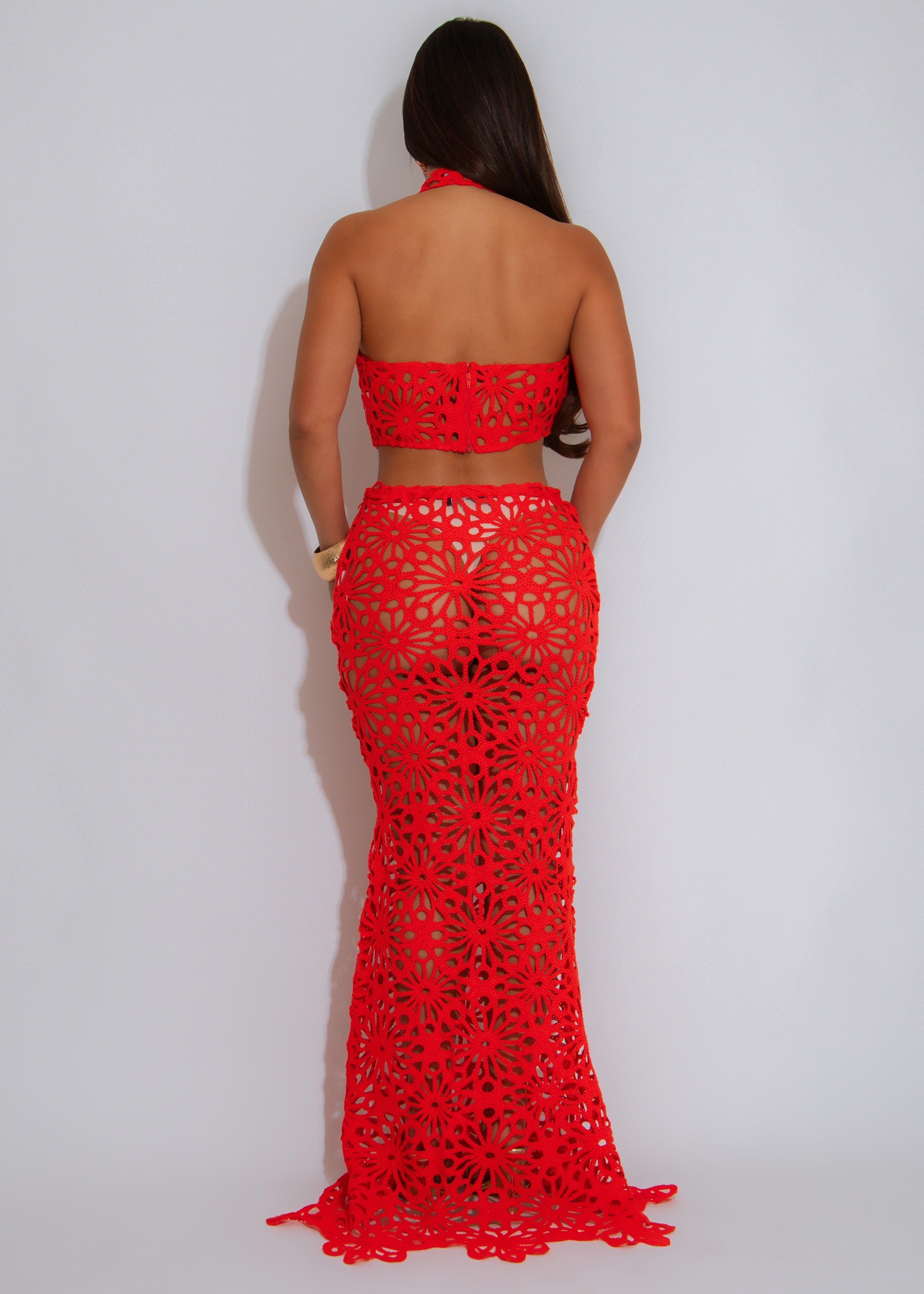 Bloom & Bold Floral Crochet Skirt Set Orange