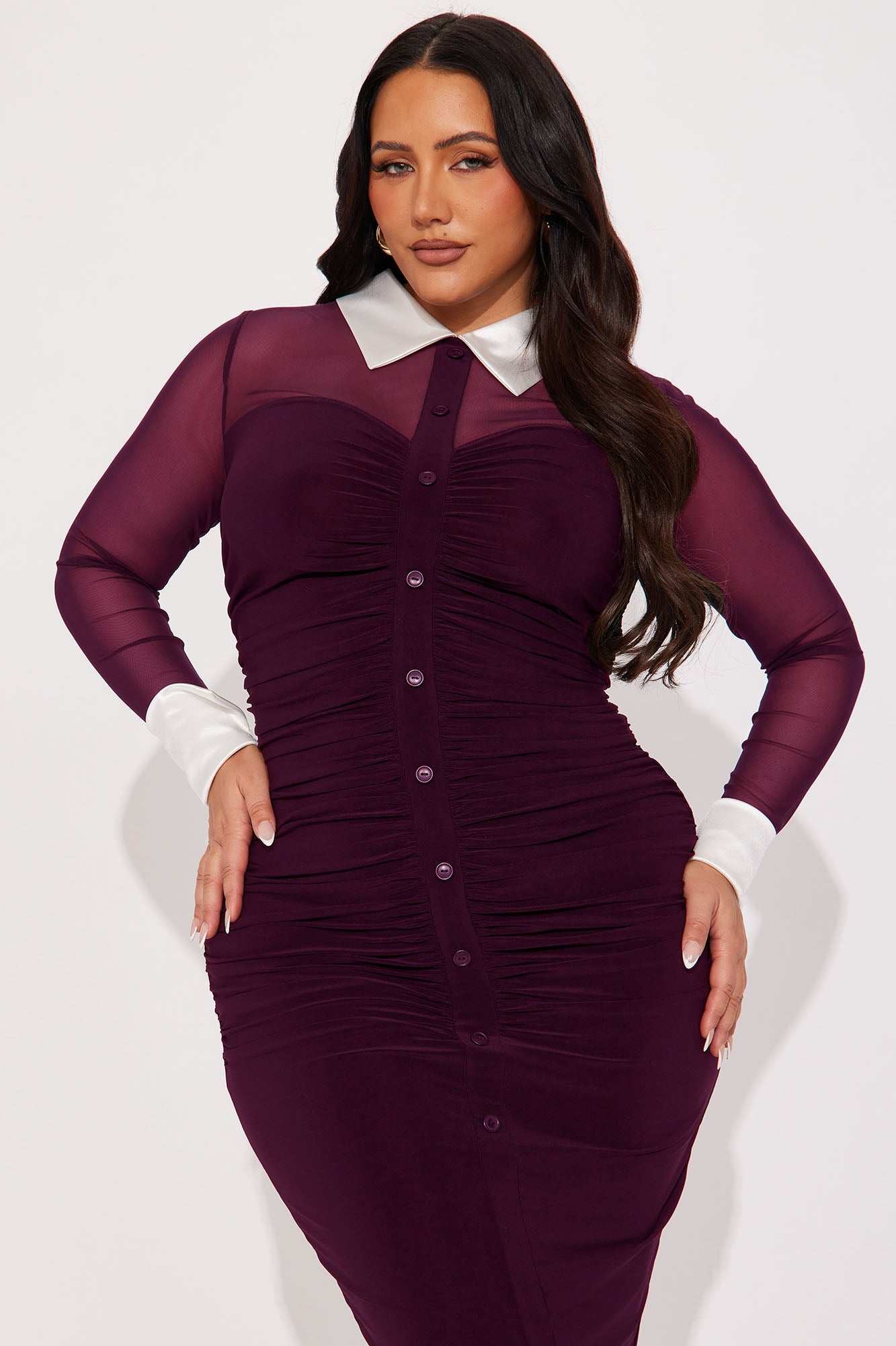 She Means Business Mesh Shirt Midi Dress - Eggplant