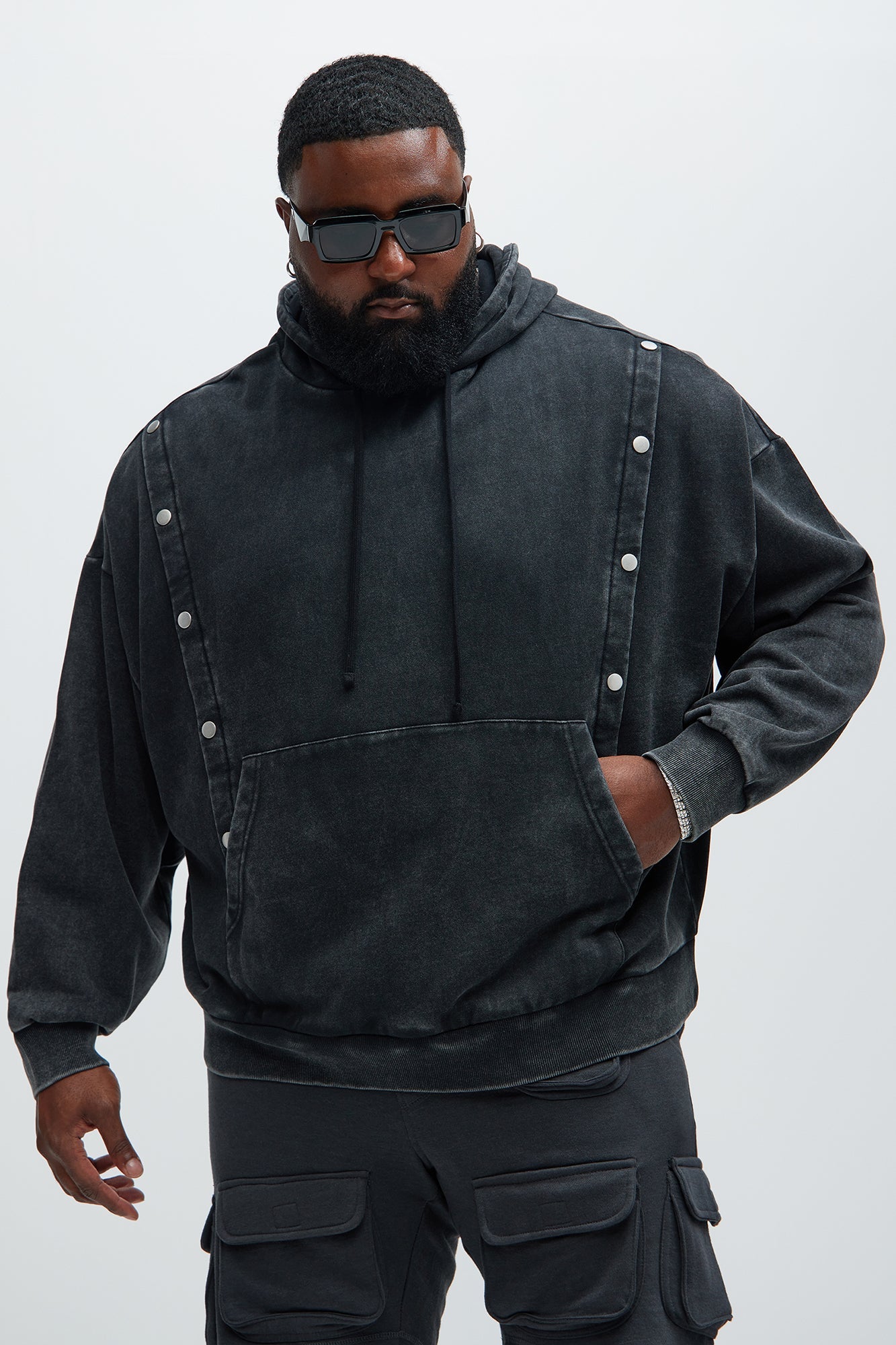 Tyson Snap Panel Oversized Hoodie - Black Wash