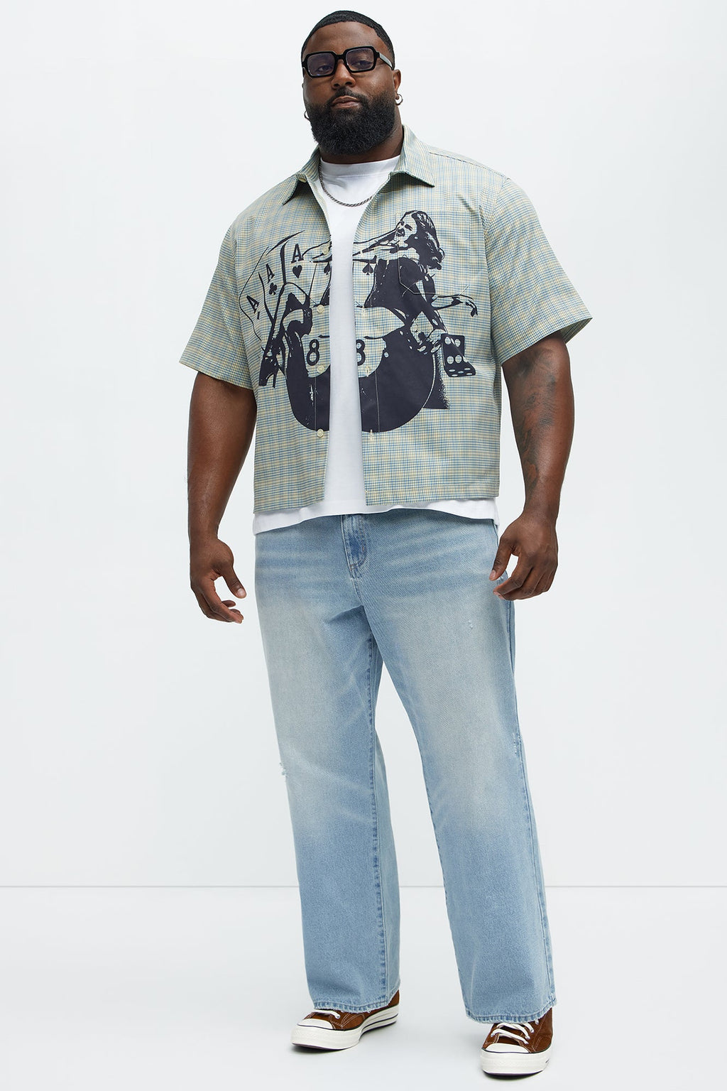 Cropped Pin Up Graphic Button Up Shirt - Green/combo