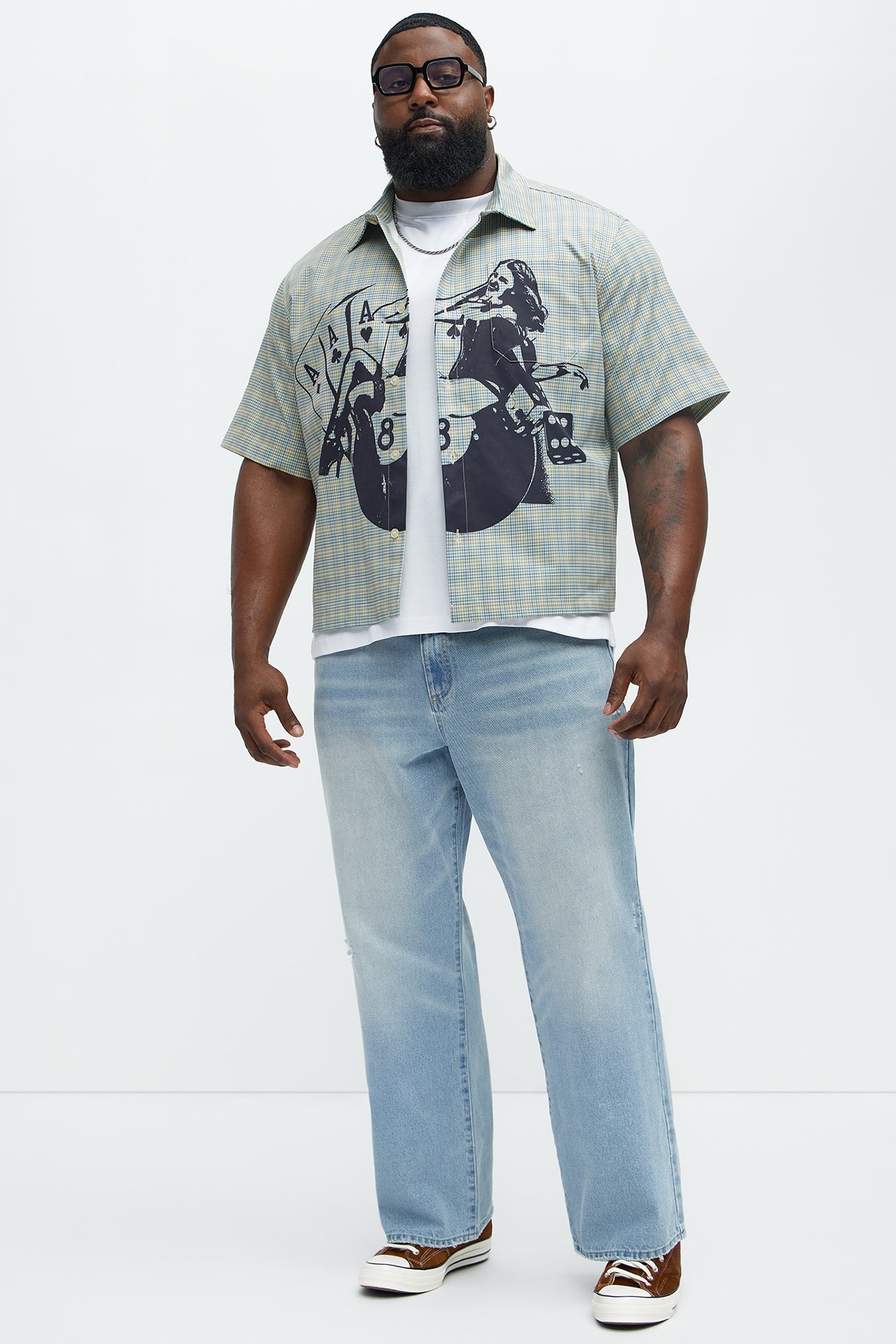 Cropped Pin Up Graphic Button Up Shirt - Green/combo